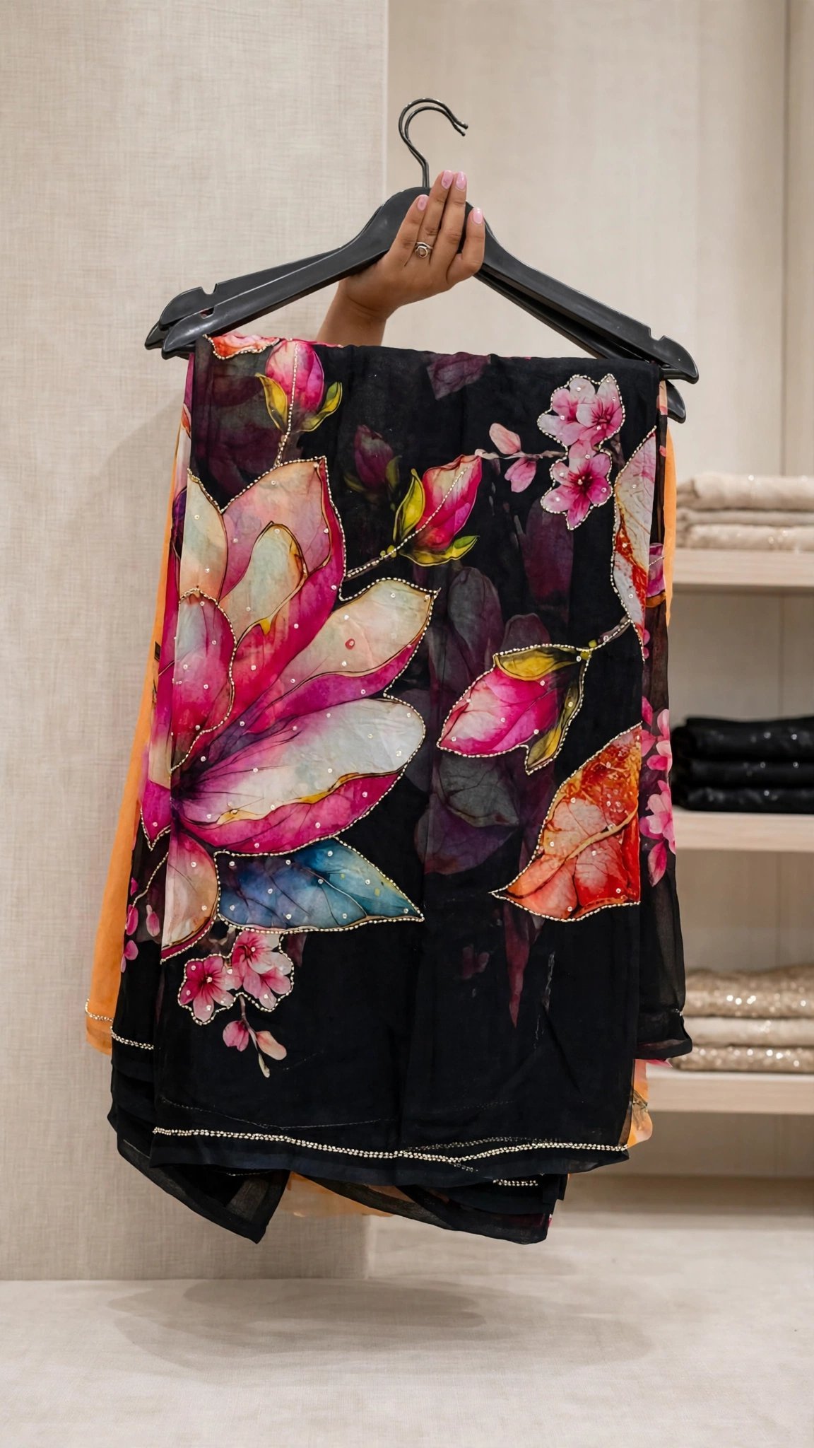 Floral Impression Hand-Painted Organza Saree with Scalloped Embellishments – Available in Radiant Yellow, Lush Green, Vivid Pink, Midnight Black & Royal Purple - Image 4