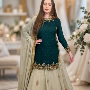 Regal Deep Emerald & Champagne Silk Lehenga Set with Ornate Zardosi & Mirror Work – Available in Single Colourway