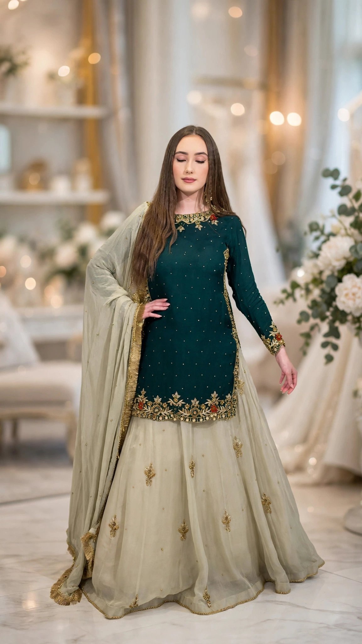 Regal Deep Emerald & Champagne Silk Lehenga Set with Ornate Zardosi & Mirror Work – Available in Single Colourway