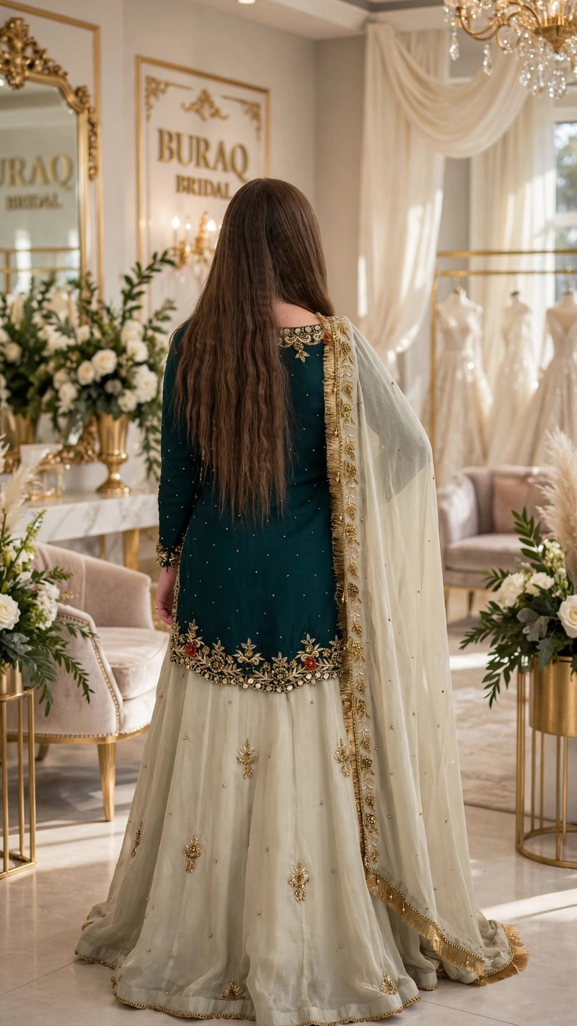 Regal Deep Emerald & Champagne Silk Lehenga Set with Ornate Zardosi & Mirror Work – Available in Single Colourway - Image 2