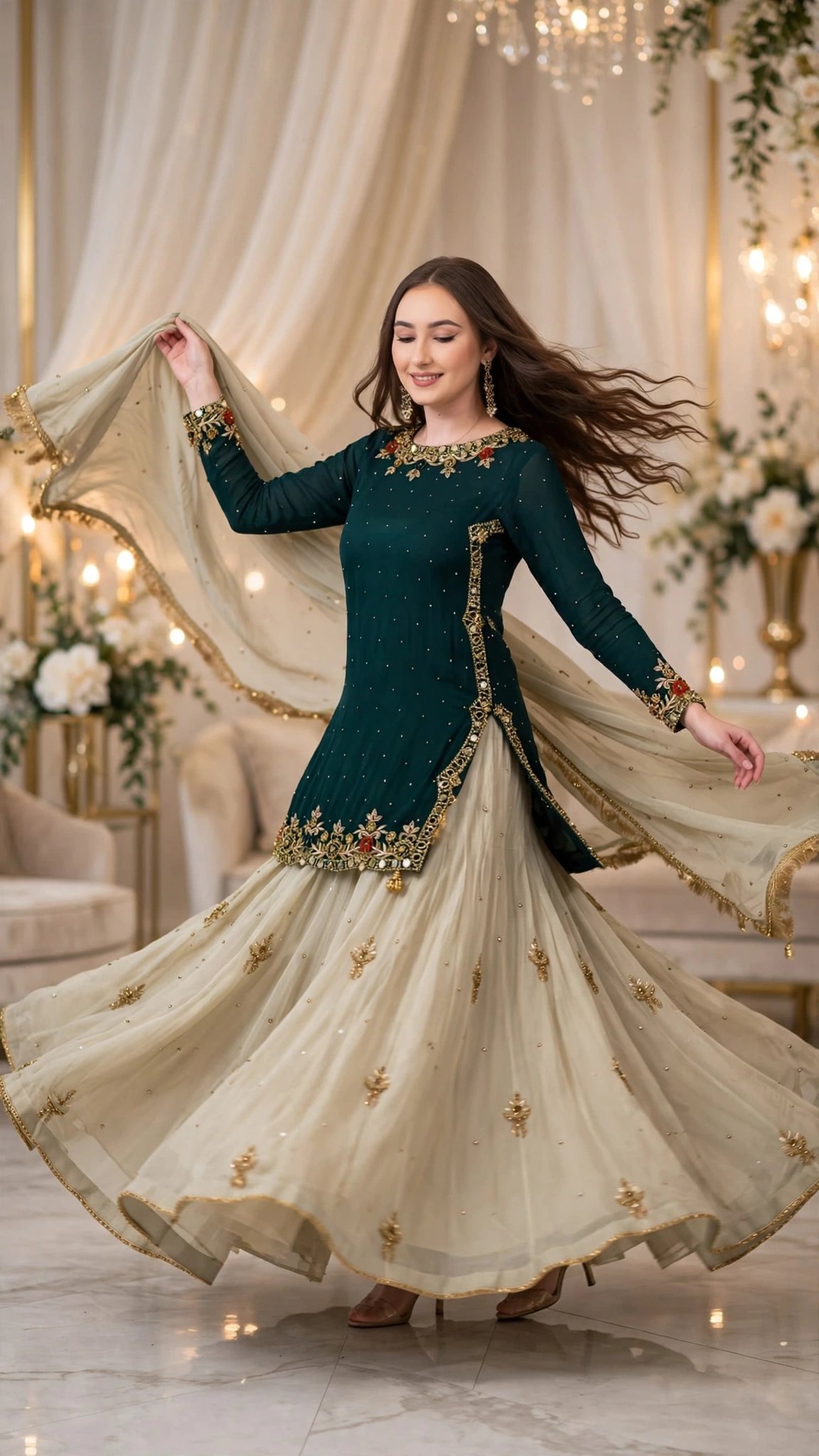Regal Deep Emerald & Champagne Silk Lehenga Set with Ornate Zardosi & Mirror Work – Available in Single Colourway - Image 3