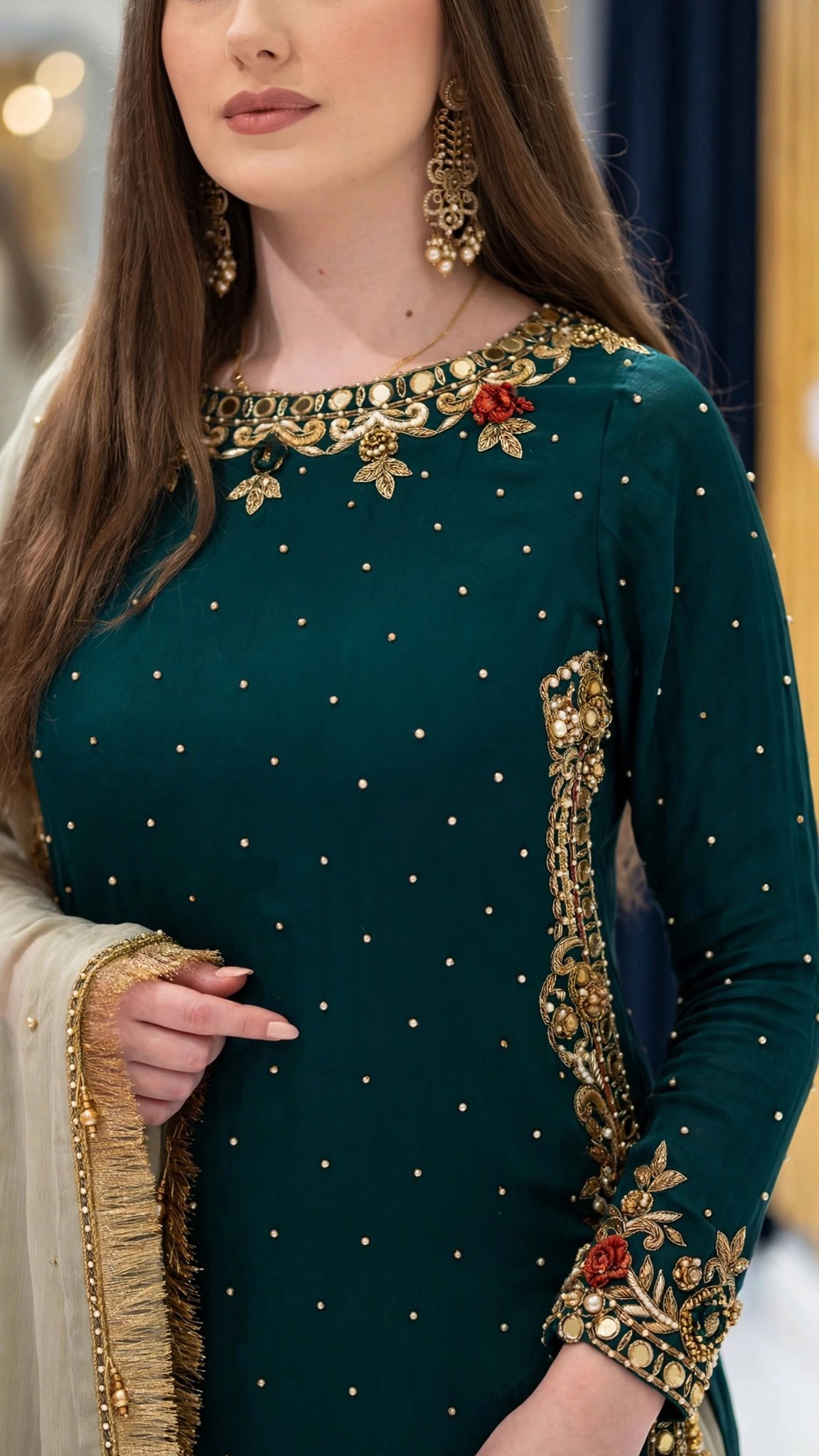 Regal Deep Emerald & Champagne Silk Lehenga Set with Ornate Zardosi & Mirror Work – Available in Single Colourway - Image 4