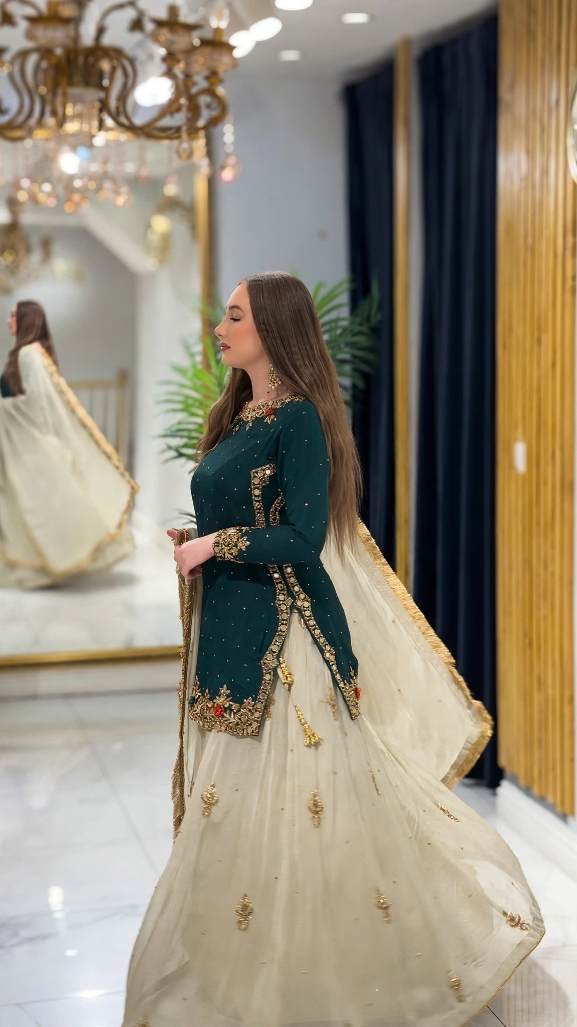 Regal Deep Emerald & Champagne Silk Lehenga Set with Ornate Zardosi & Mirror Work – Available in Single Colourway - Image 5
