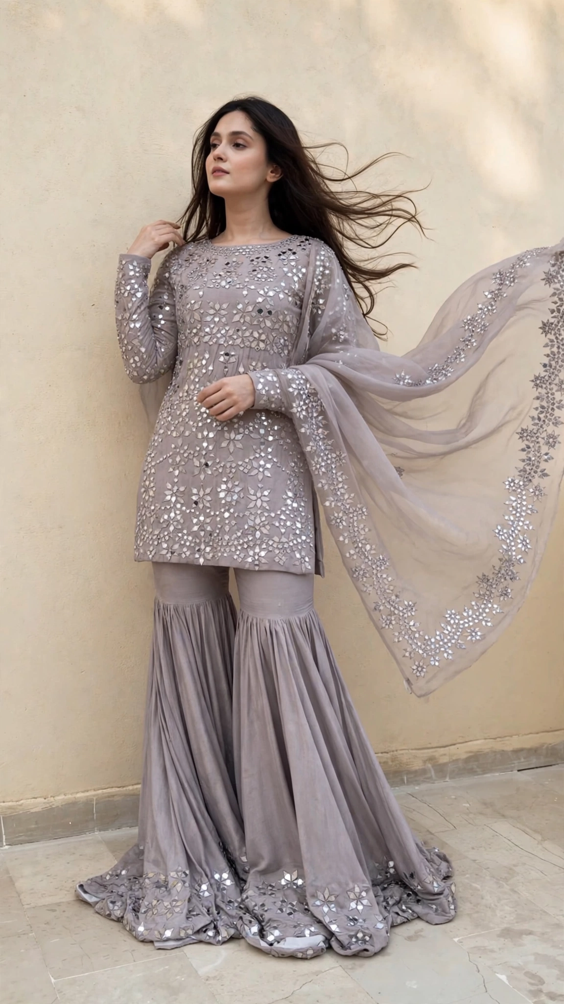 Ethereal Dove-Grey Mirror Work Gharara Set - Image 2