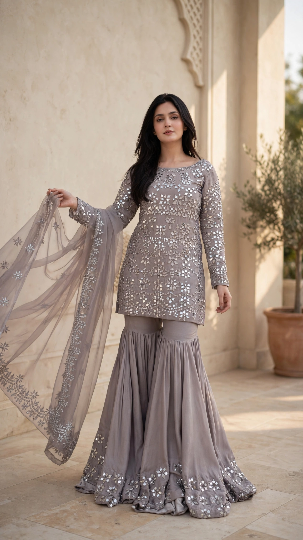 Ethereal Dove-Grey Mirror Work Gharara Set - Image 3
