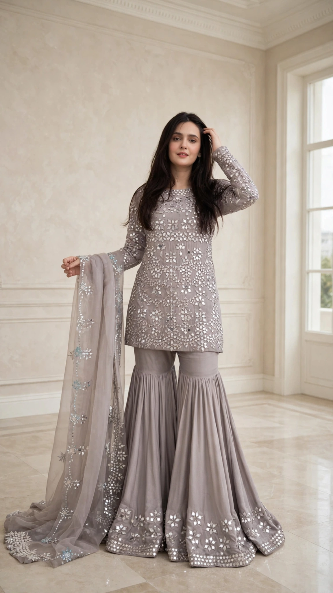 Ethereal Dove-Grey Mirror Work Gharara Set - Image 4