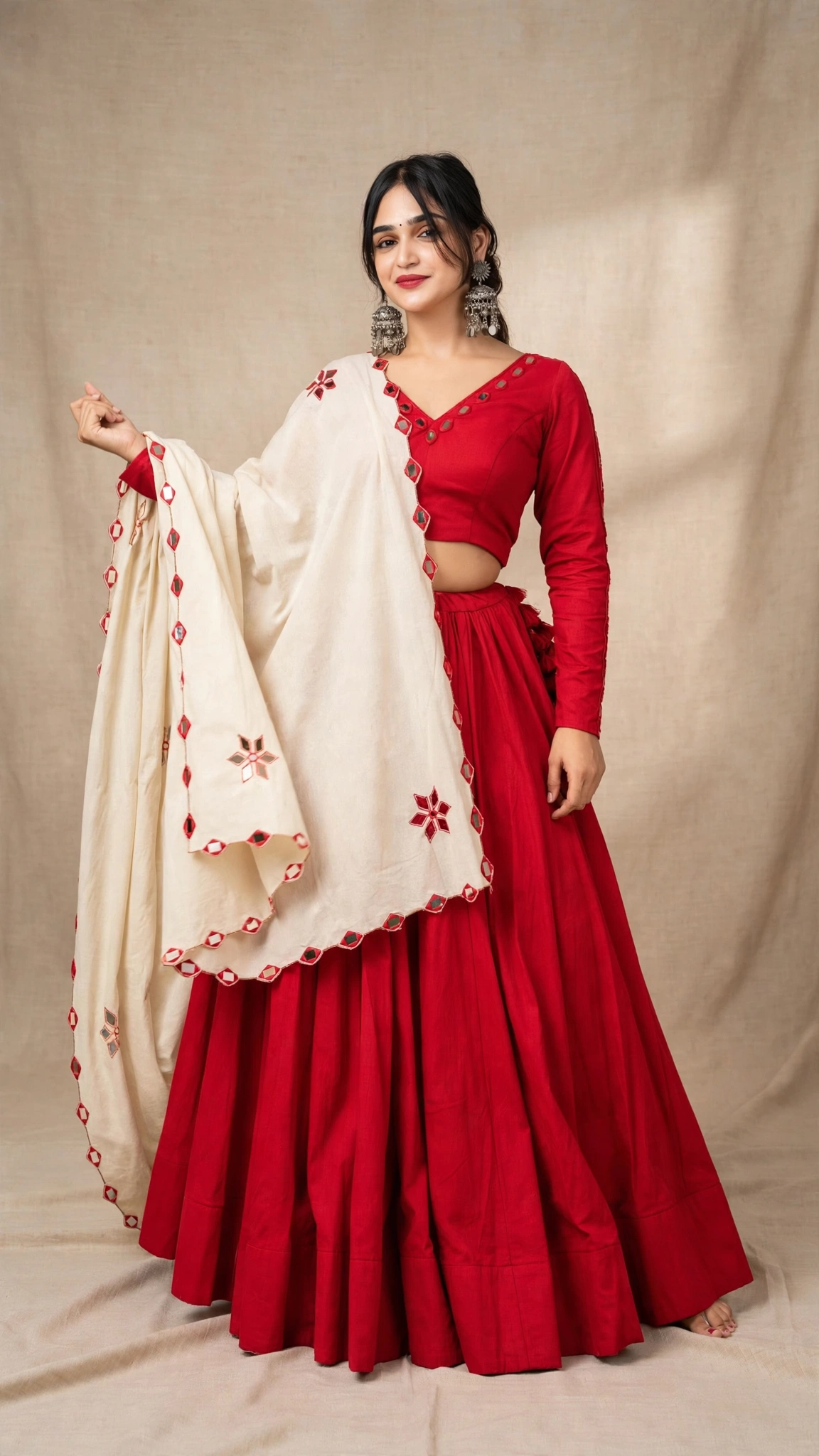 Classic Mirror-Work Tiered Lehengas with Scalloped Dupatta – Available in Red, Black, Blue, & Off-White