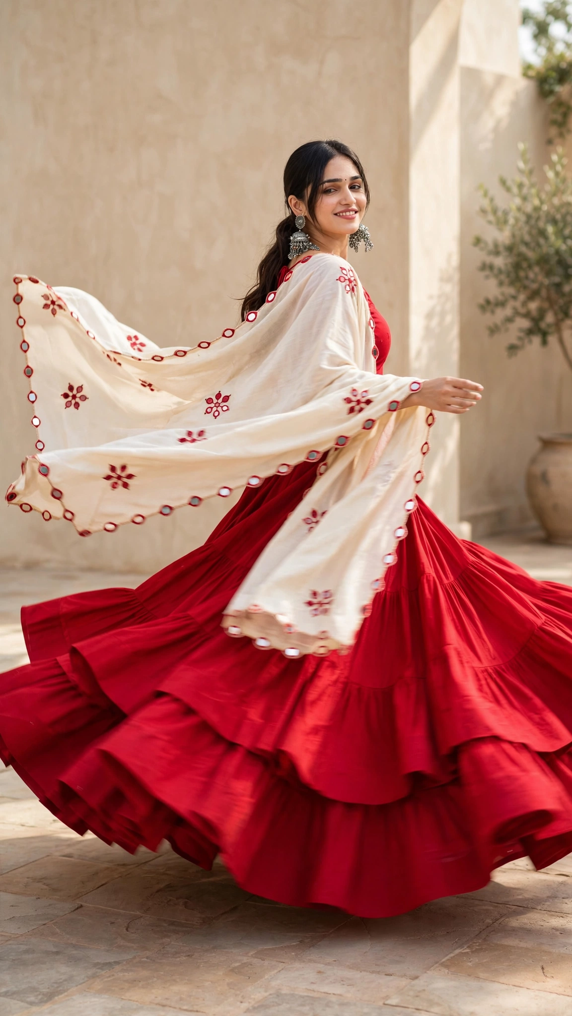 Classic Mirror-Work Tiered Lehengas with Scalloped Dupatta – Available in Red, Black, Blue, & Off-White - Image 2