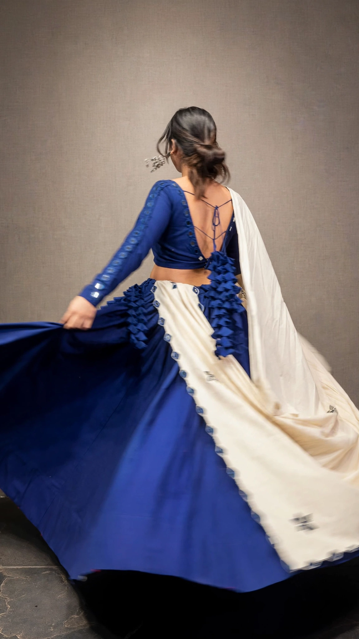 Classic Mirror-Work Tiered Lehengas with Scalloped Dupatta – Available in Red, Black, Blue, & Off-White - Image 3