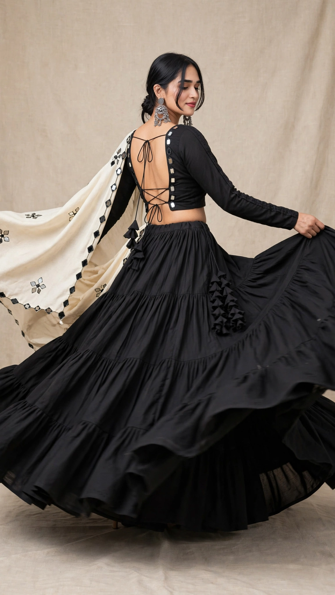 Classic Mirror-Work Tiered Lehengas with Scalloped Dupatta – Available in Red, Black, Blue, & Off-White - Image 4
