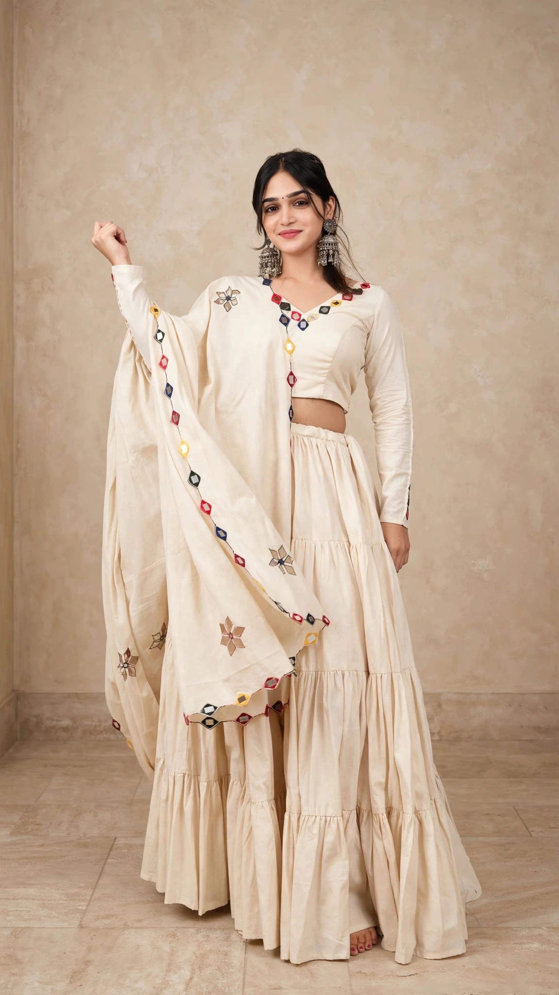 Classic Mirror-Work Tiered Lehengas with Scalloped Dupatta – Available in Red, Black, Blue, & Off-White - Image 5