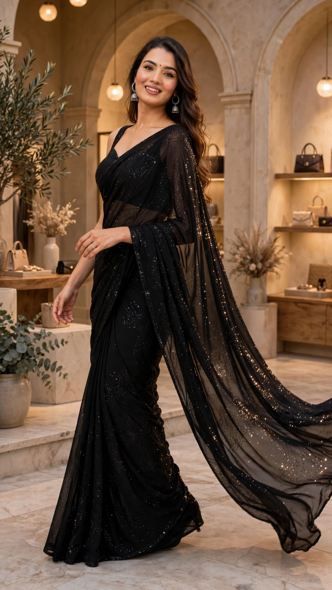 Midnight Radiance Embellished Chiffon Saree - Image 3