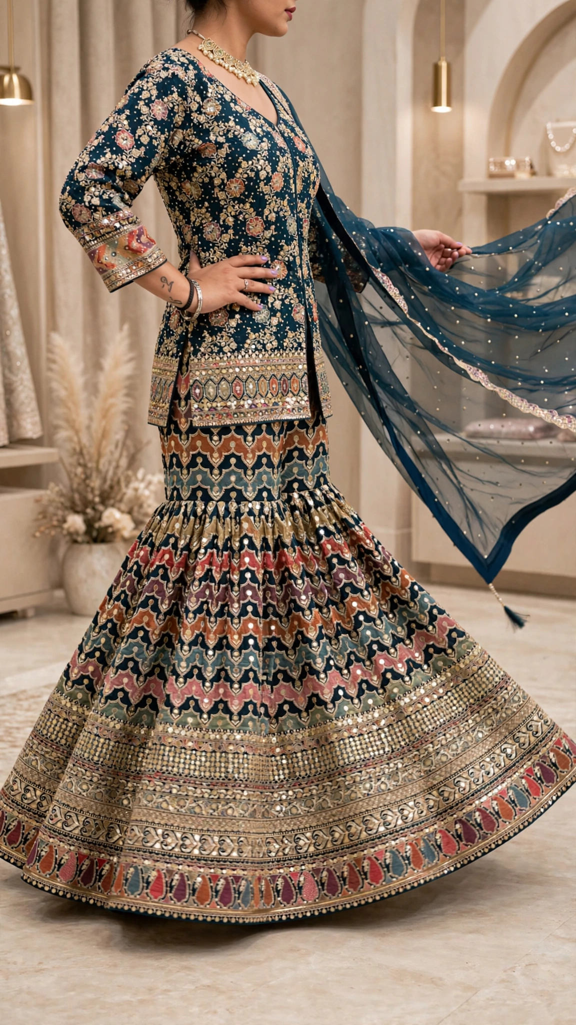 Opulent Heirloom Embroidered Gharara Set – Available in Teal & Deep Crimson - Image 2