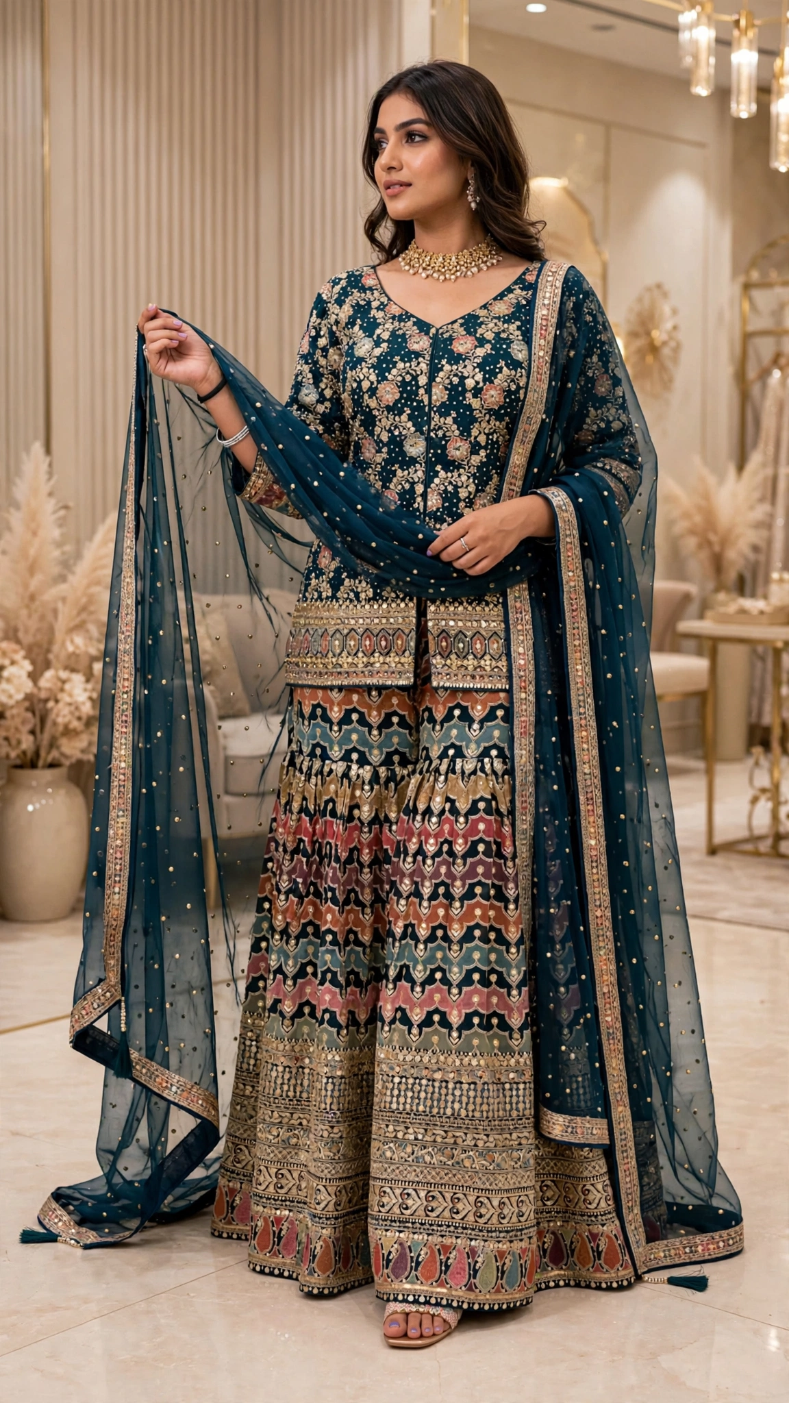 Opulent Heirloom Embroidered Gharara Set – Available in Teal & Deep Crimson - Image 3