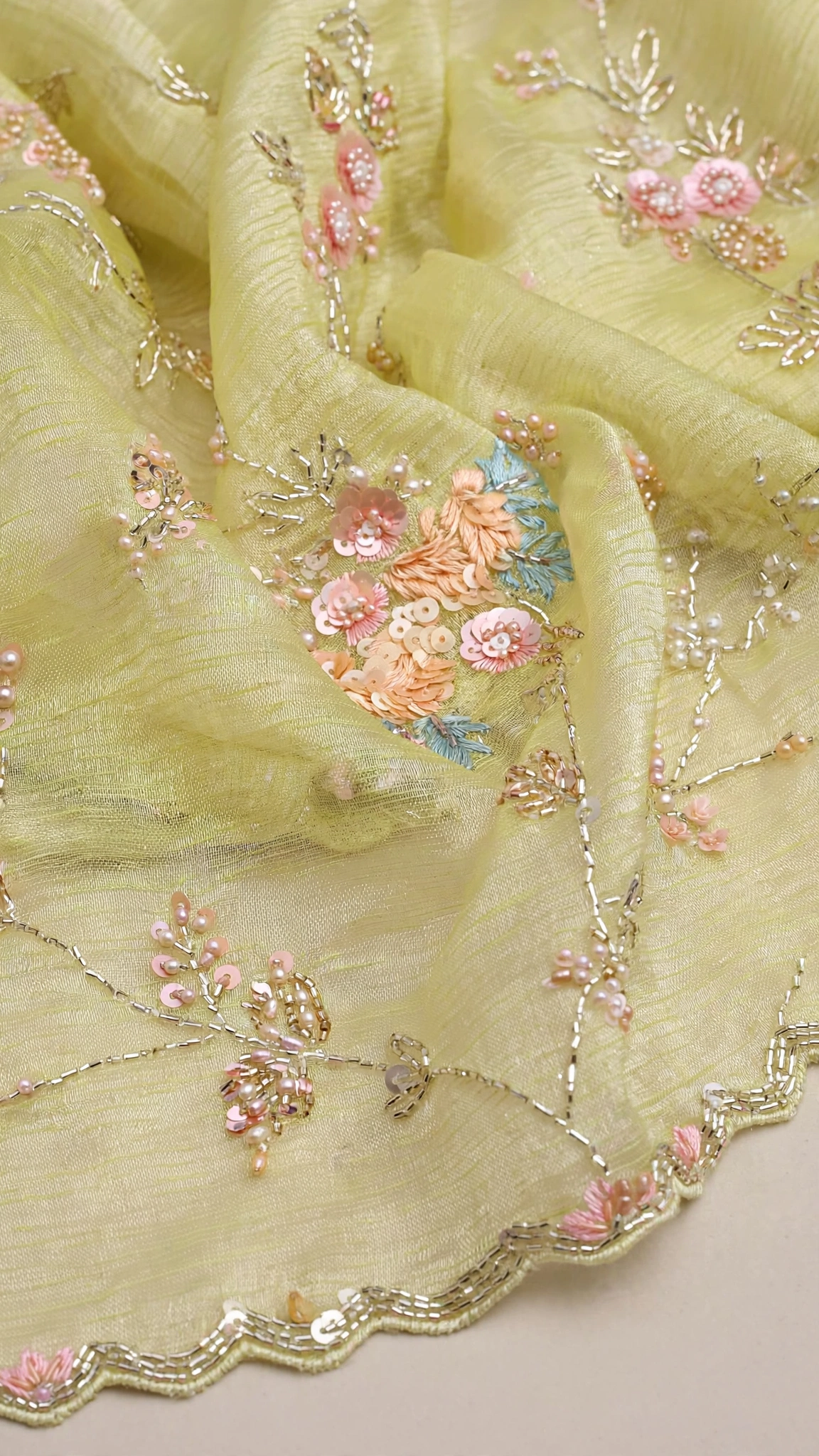Radiant Lime Hand-Embroidered Chanderi Silk Saree - Image 2