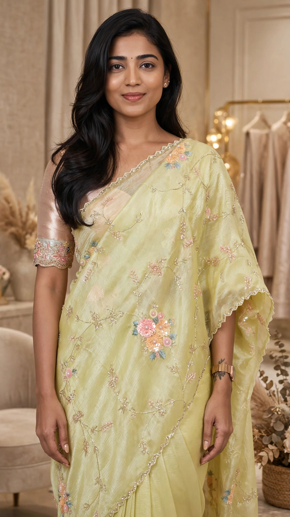 Radiant Lime Hand-Embroidered Chanderi Silk Saree - Image 3