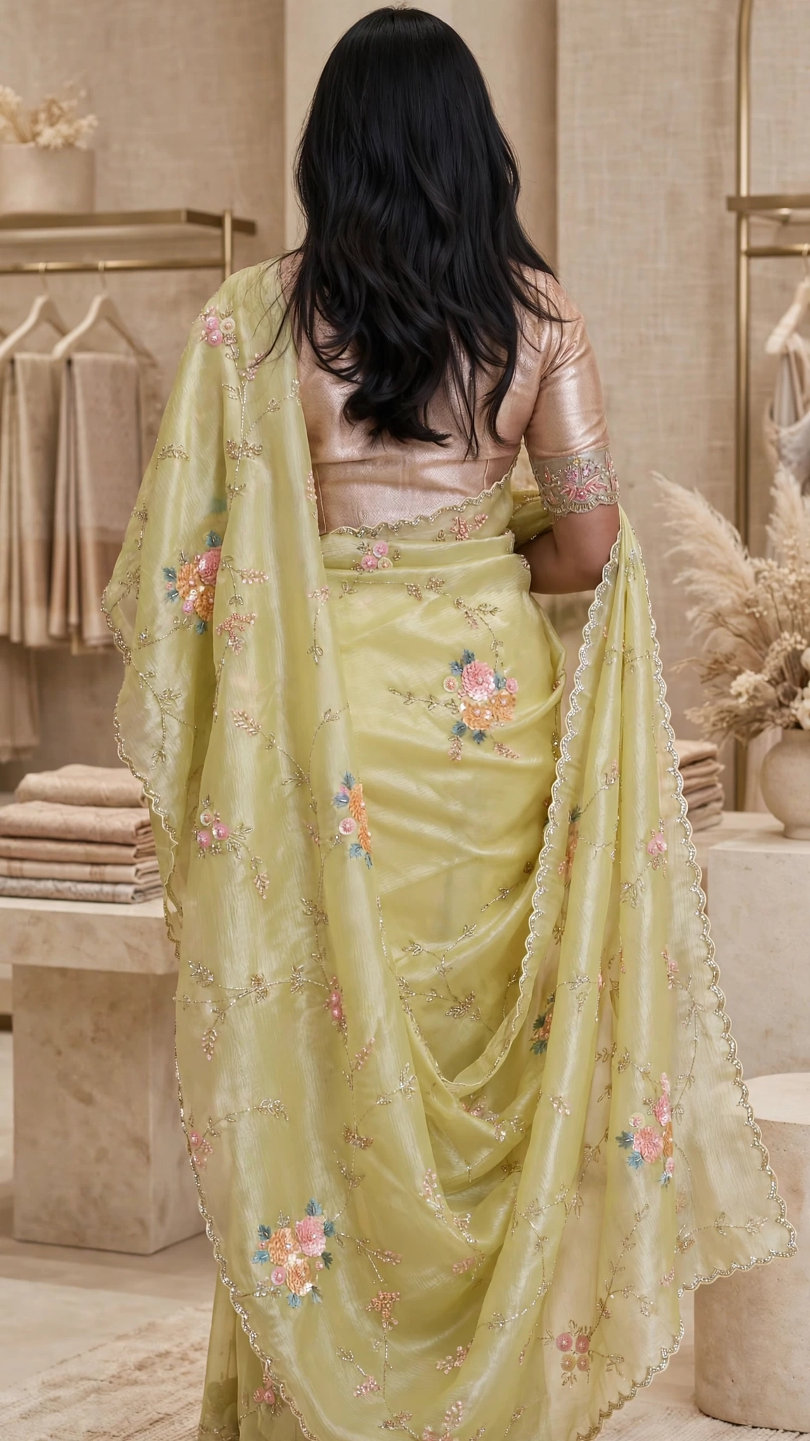 Radiant Lime Hand-Embroidered Chanderi Silk Saree - Image 4