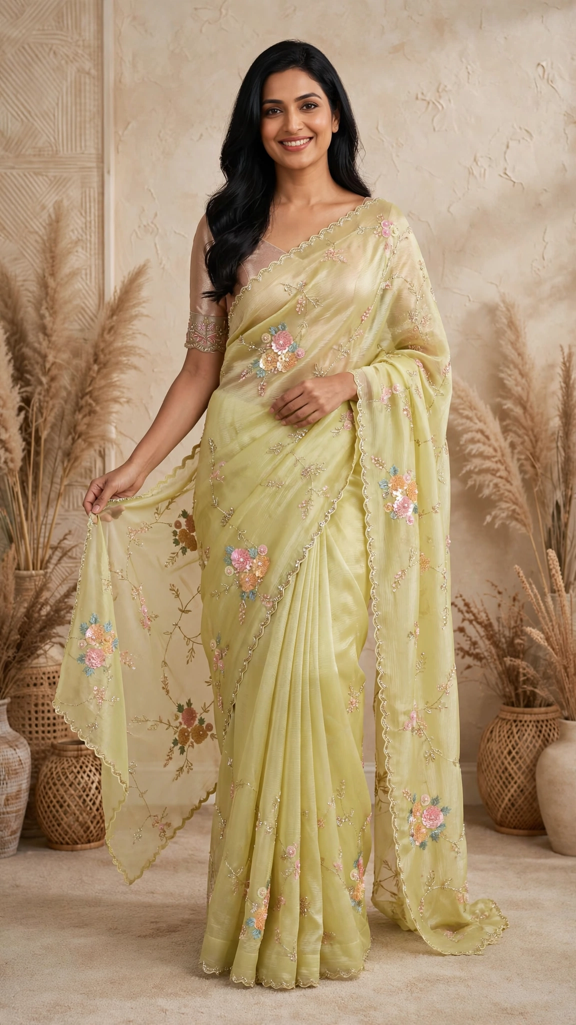 Radiant Lime Hand-Embroidered Chanderi Silk Saree - Image 5