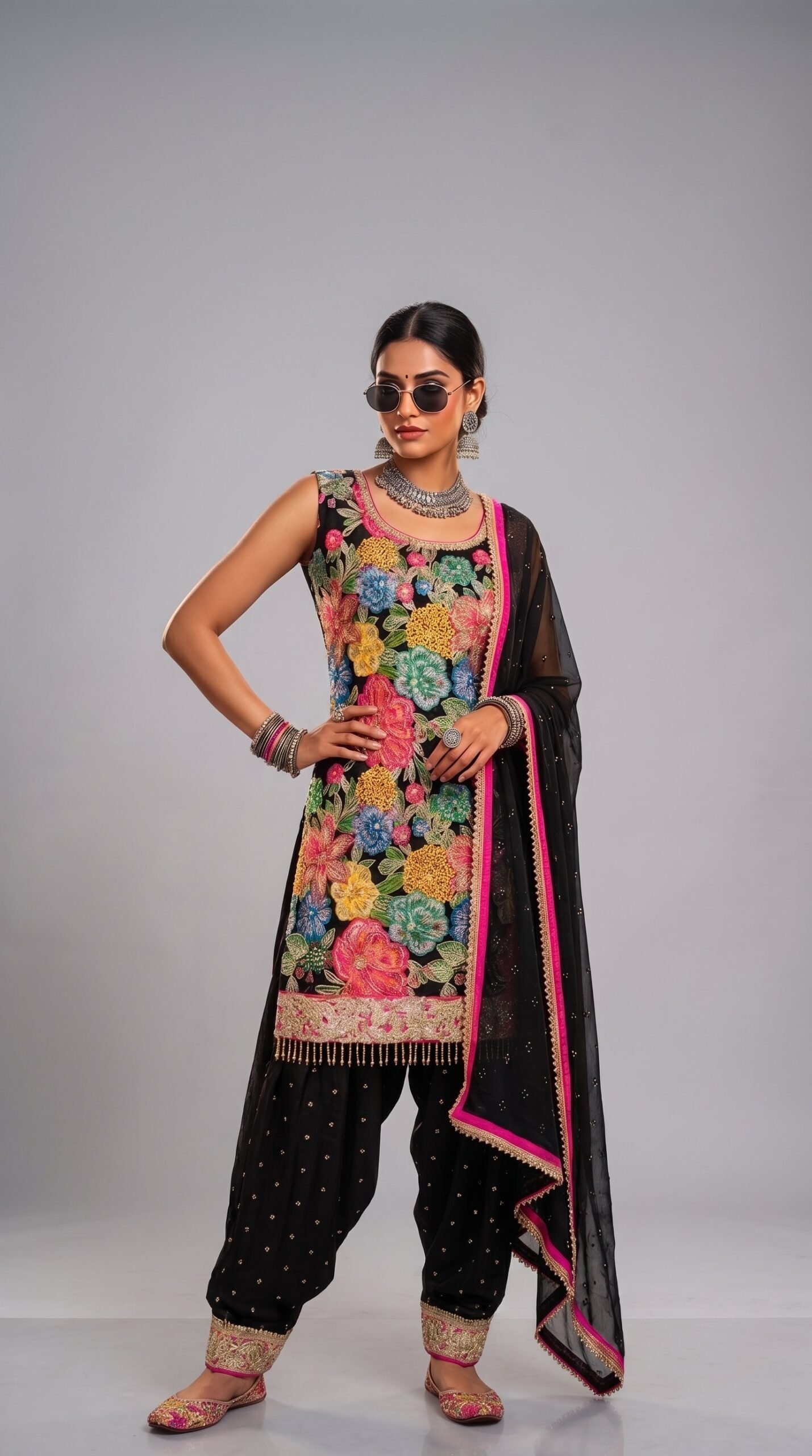Midnight Bloom Floral Embroidered Patiala Suit Set - Image 3