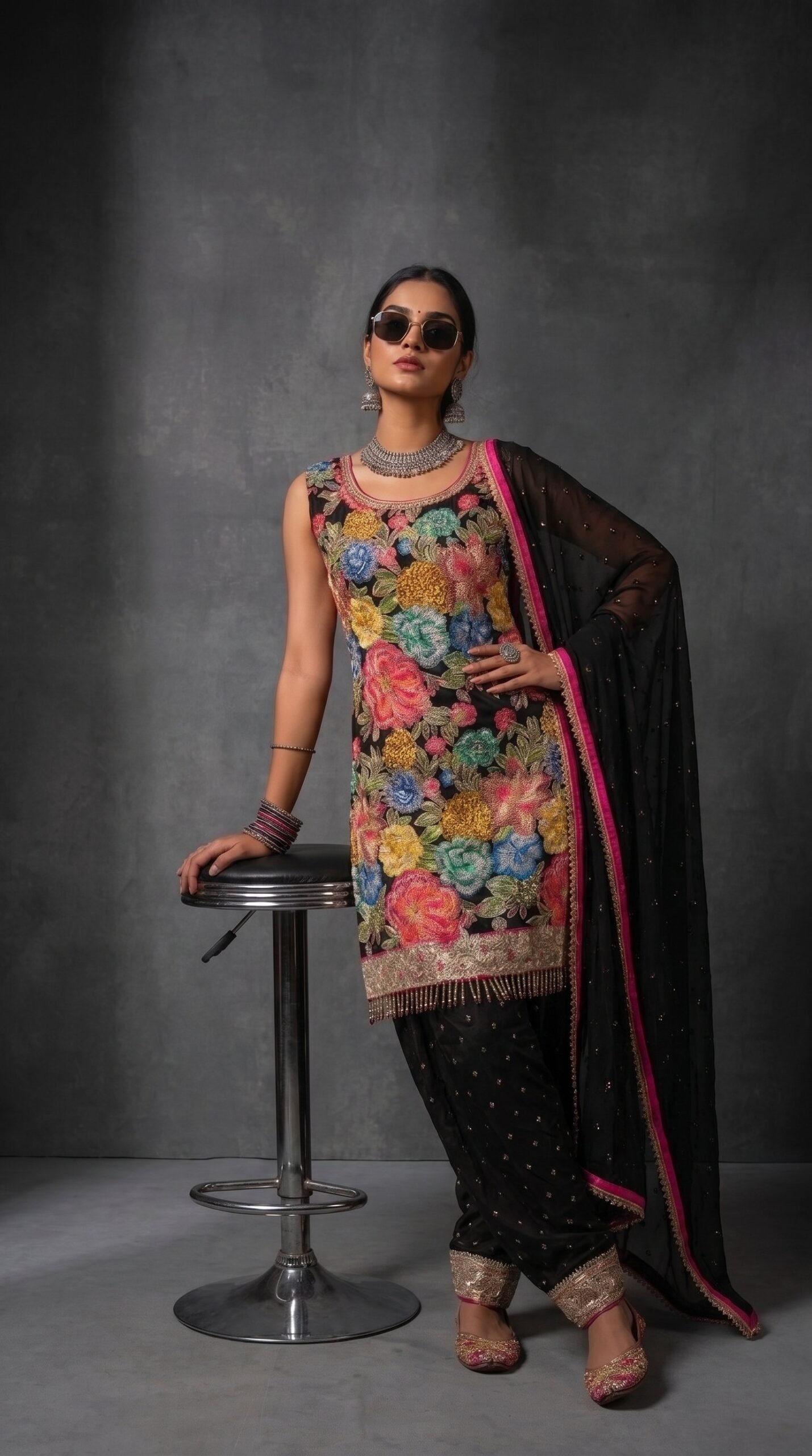 Midnight Bloom Floral Embroidered Patiala Suit Set - Image 4