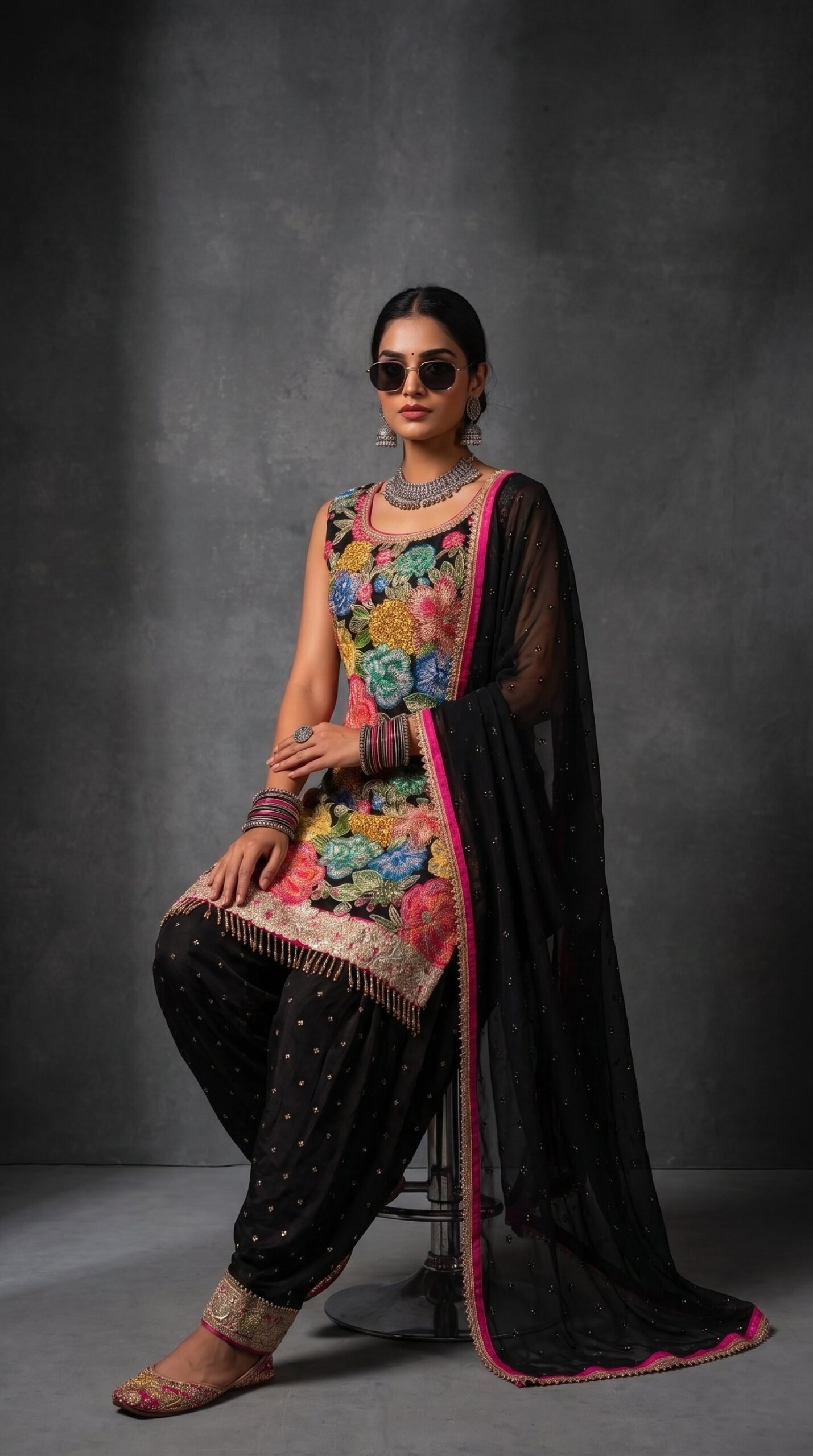 Midnight Bloom Floral Embroidered Patiala Suit Set