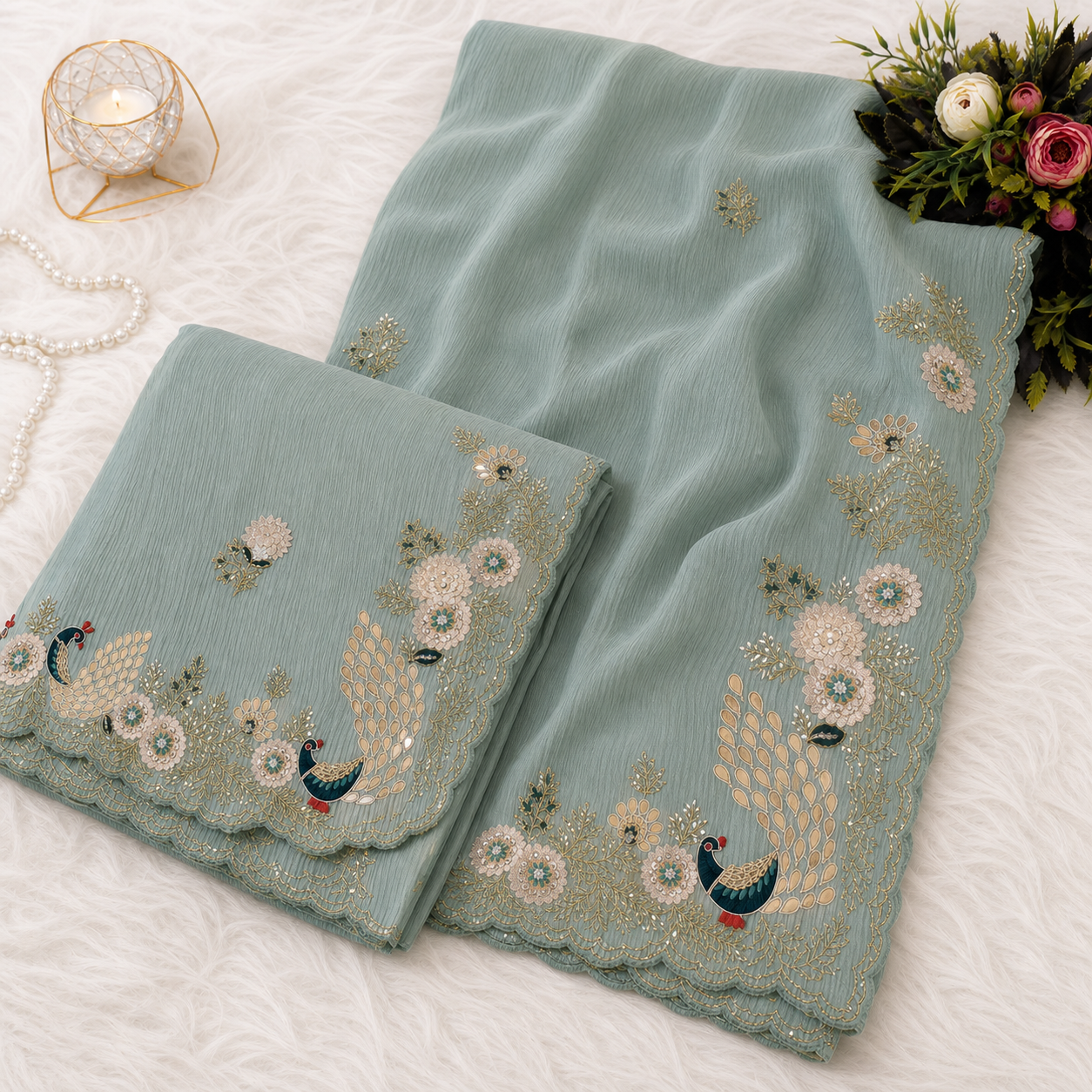 Sage Green Floral & Peacock Embellished Designer Saree - Image 2