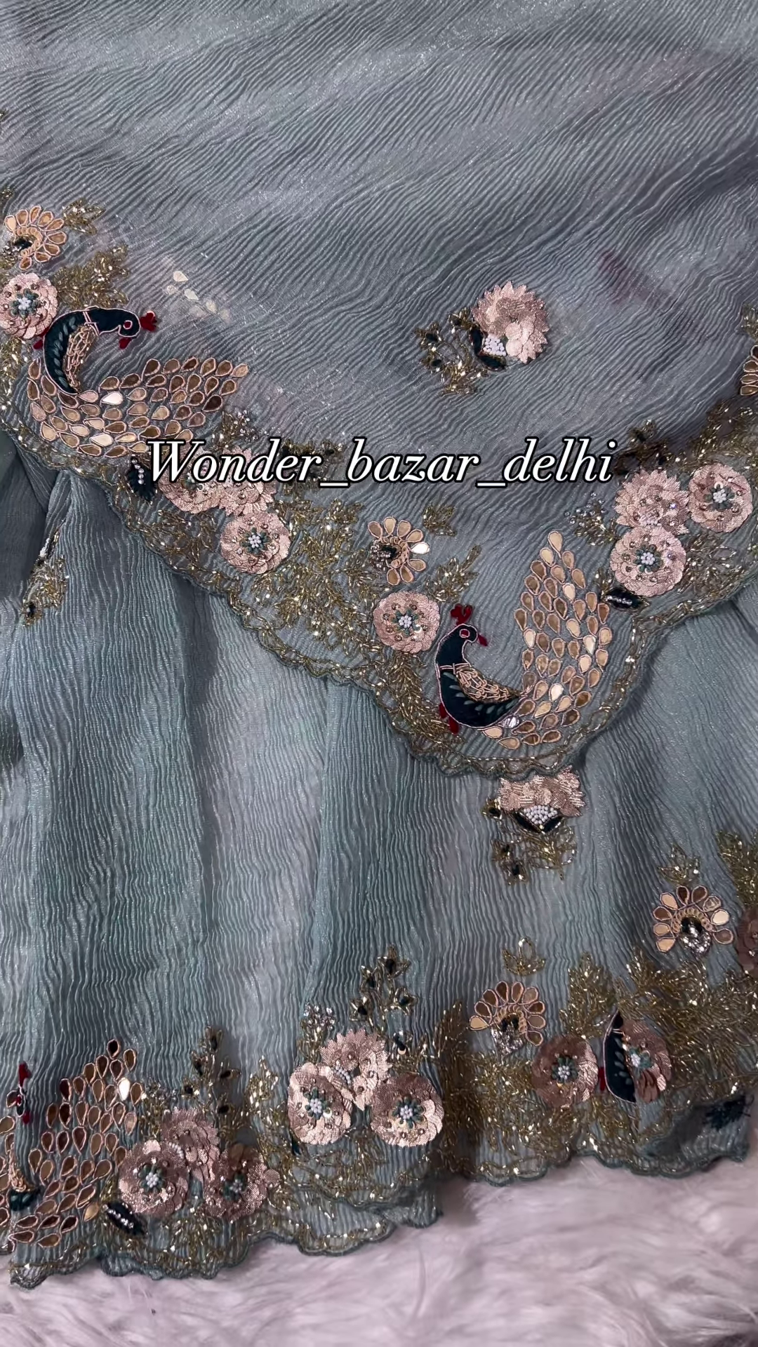 Sage Green Floral & Peacock Embellished Designer Saree - Image 3