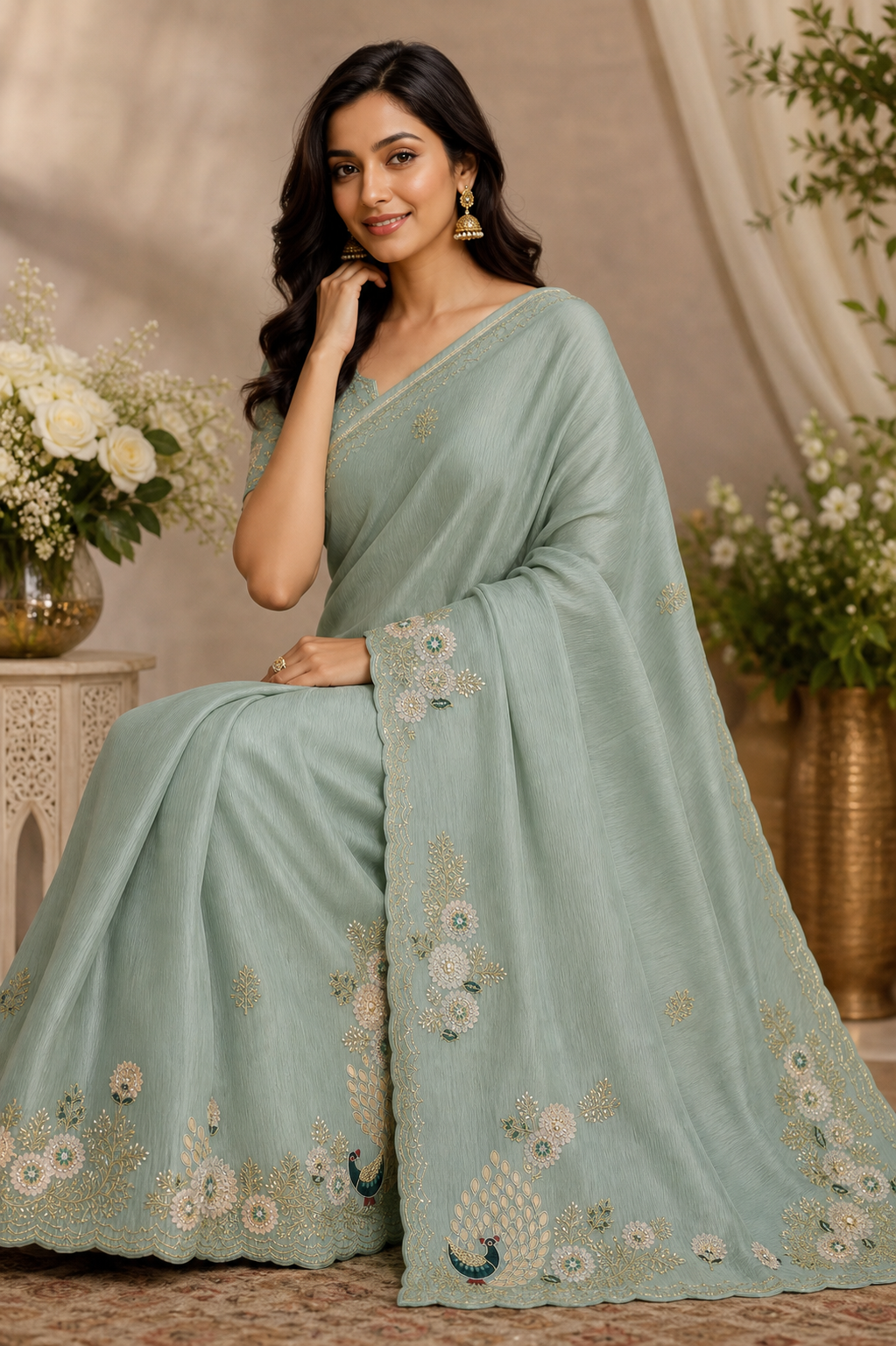 Sage Green Floral & Peacock Embellished Designer Saree - Image 4