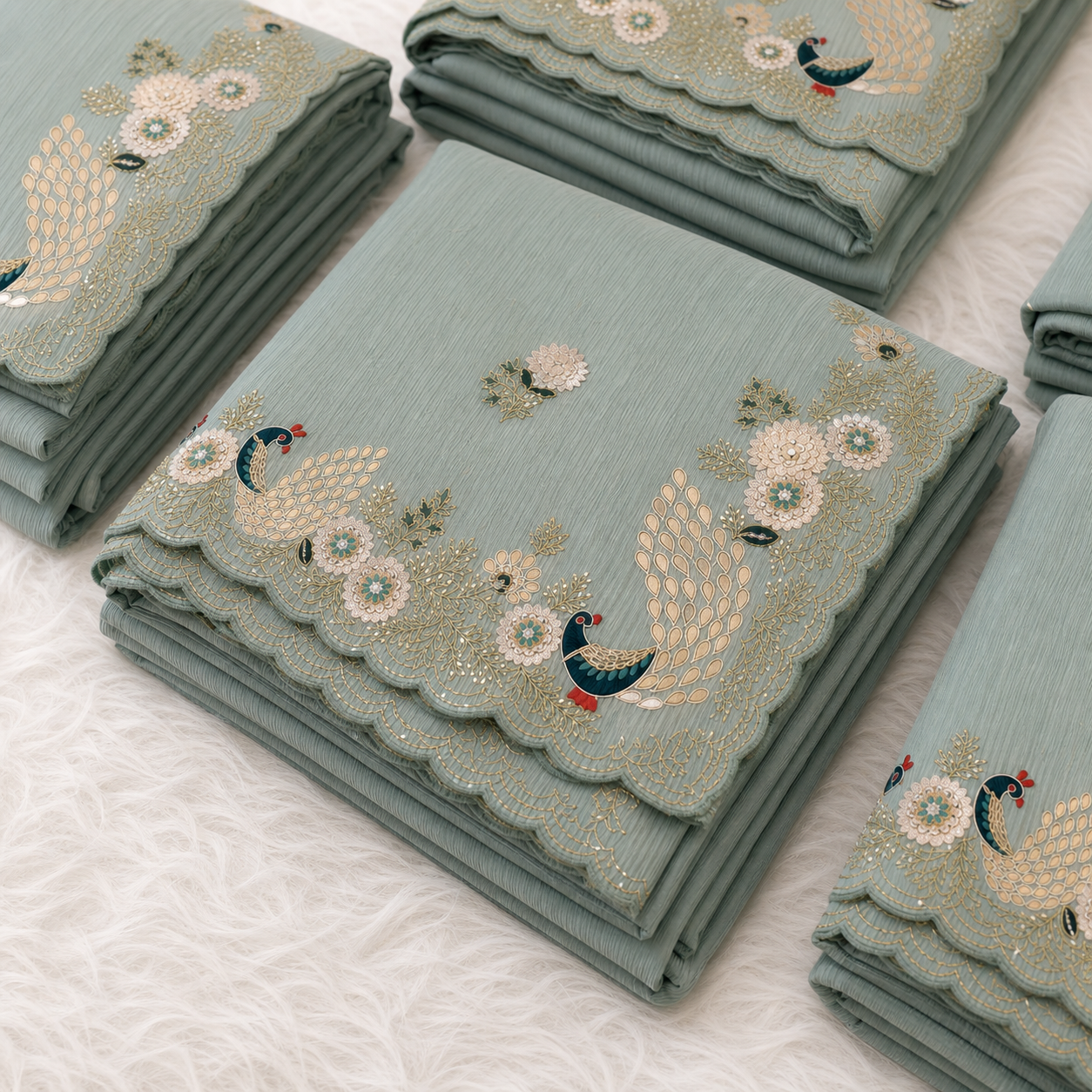 Sage Green Floral & Peacock Embellished Designer Saree - Image 5