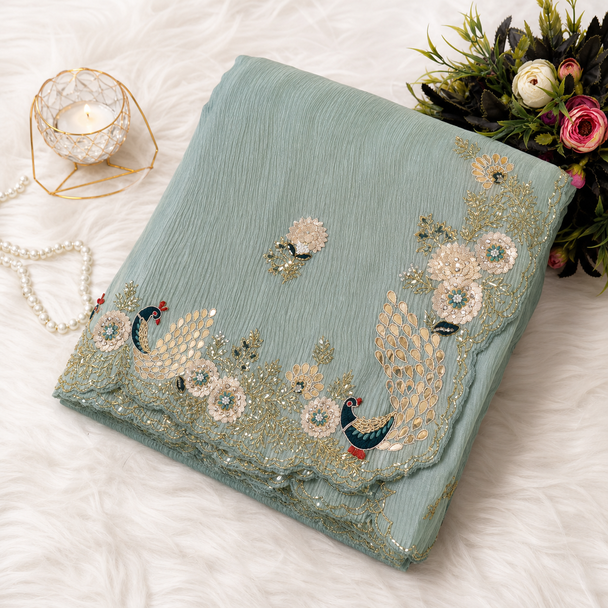 Sage Green Floral & Peacock Embellished Designer Saree
