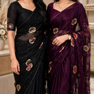 Midnight Bloom Embroidered Organza Saree Set – Available in Onyx Black & Royal Plum