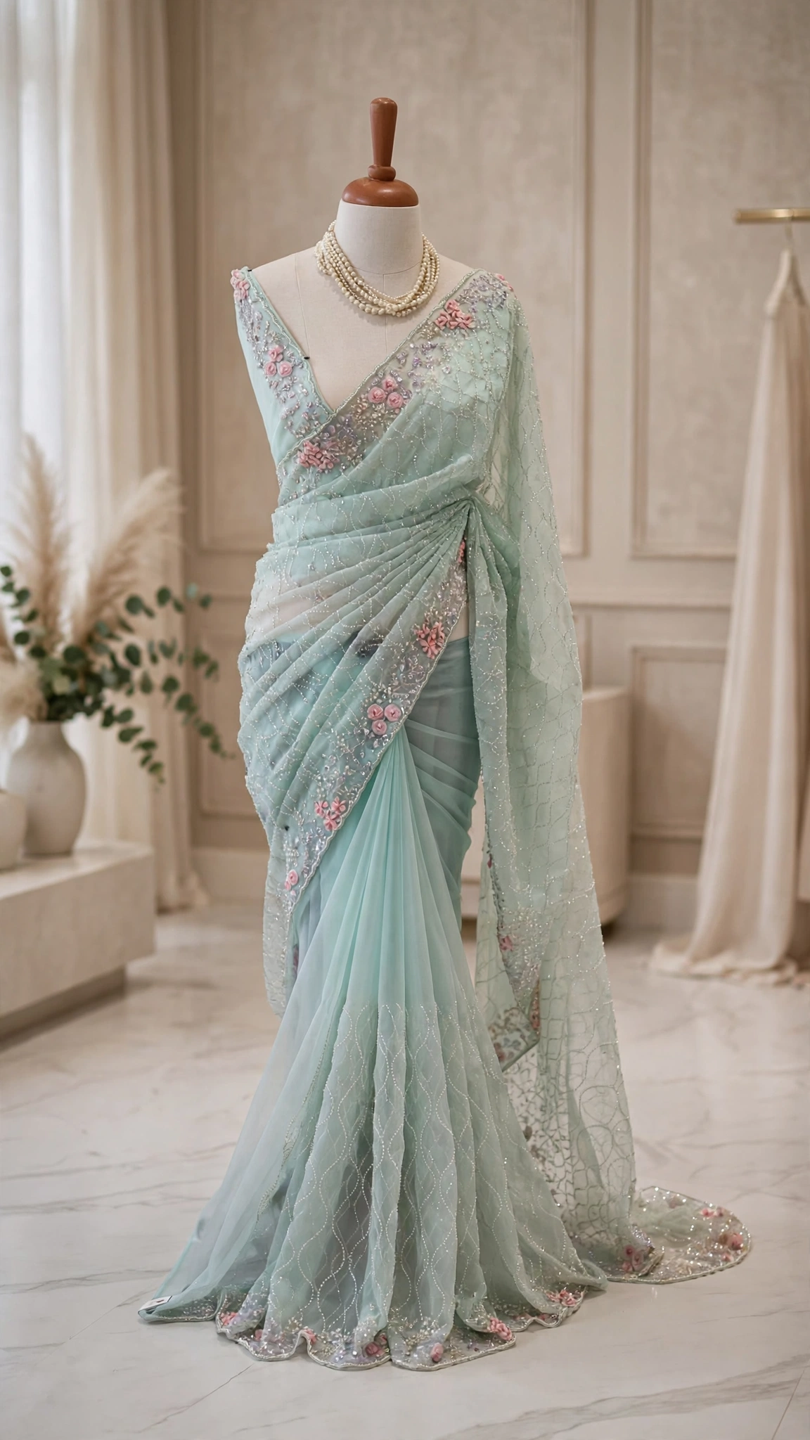 Floral Embroidered Organza Drape Saree with Pearl Embellishments – Available in Ivory White, Dusty Rose & Pastel Mint - Image 4