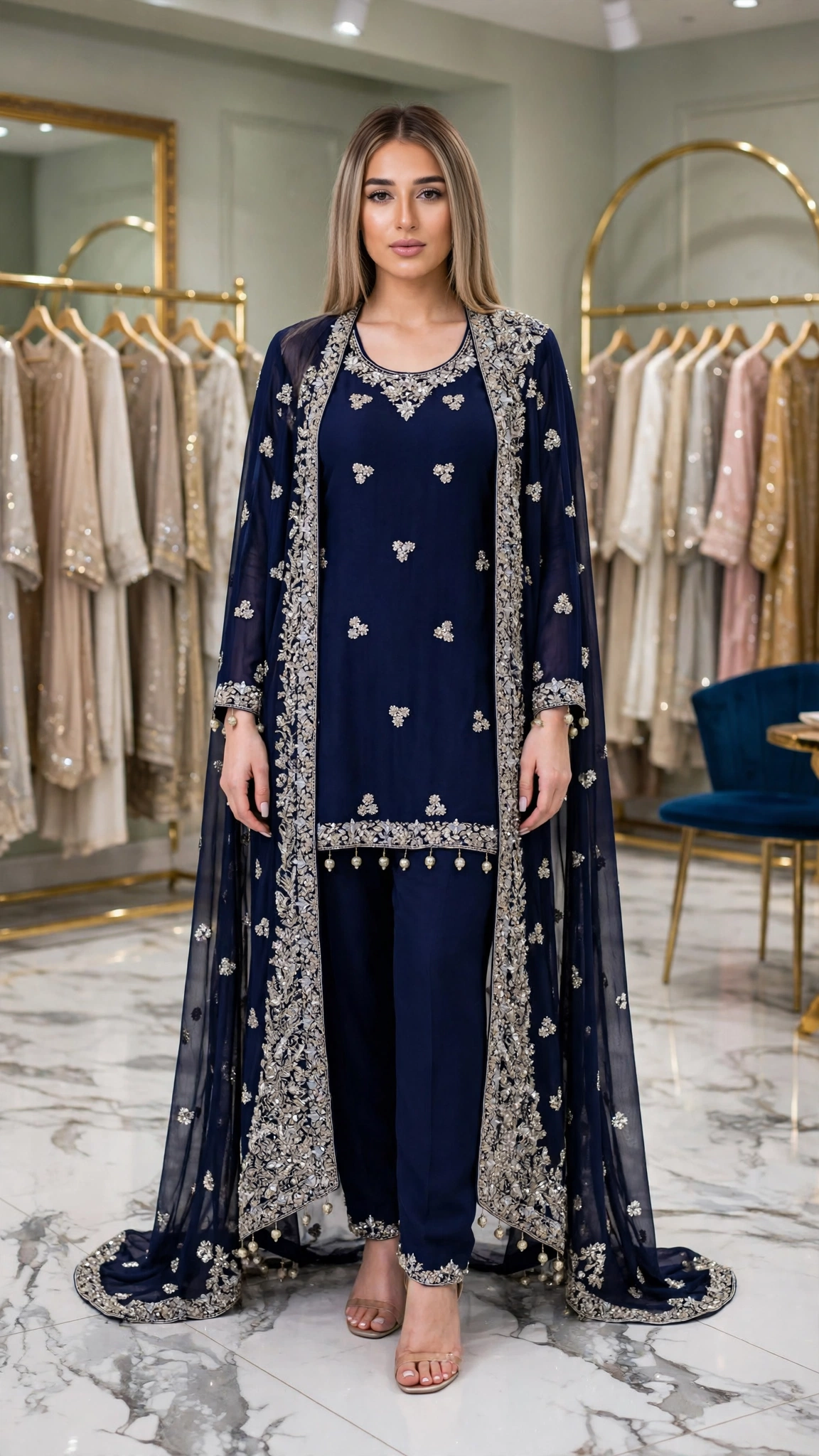 Midnight Sapphire Embroidered Chiffon Layered Suit Set
