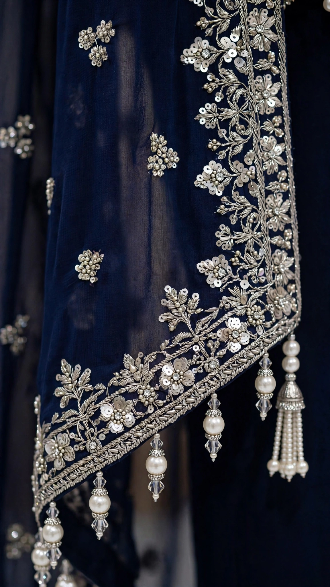 Midnight Sapphire Embroidered Chiffon Layered Suit Set - Image 2