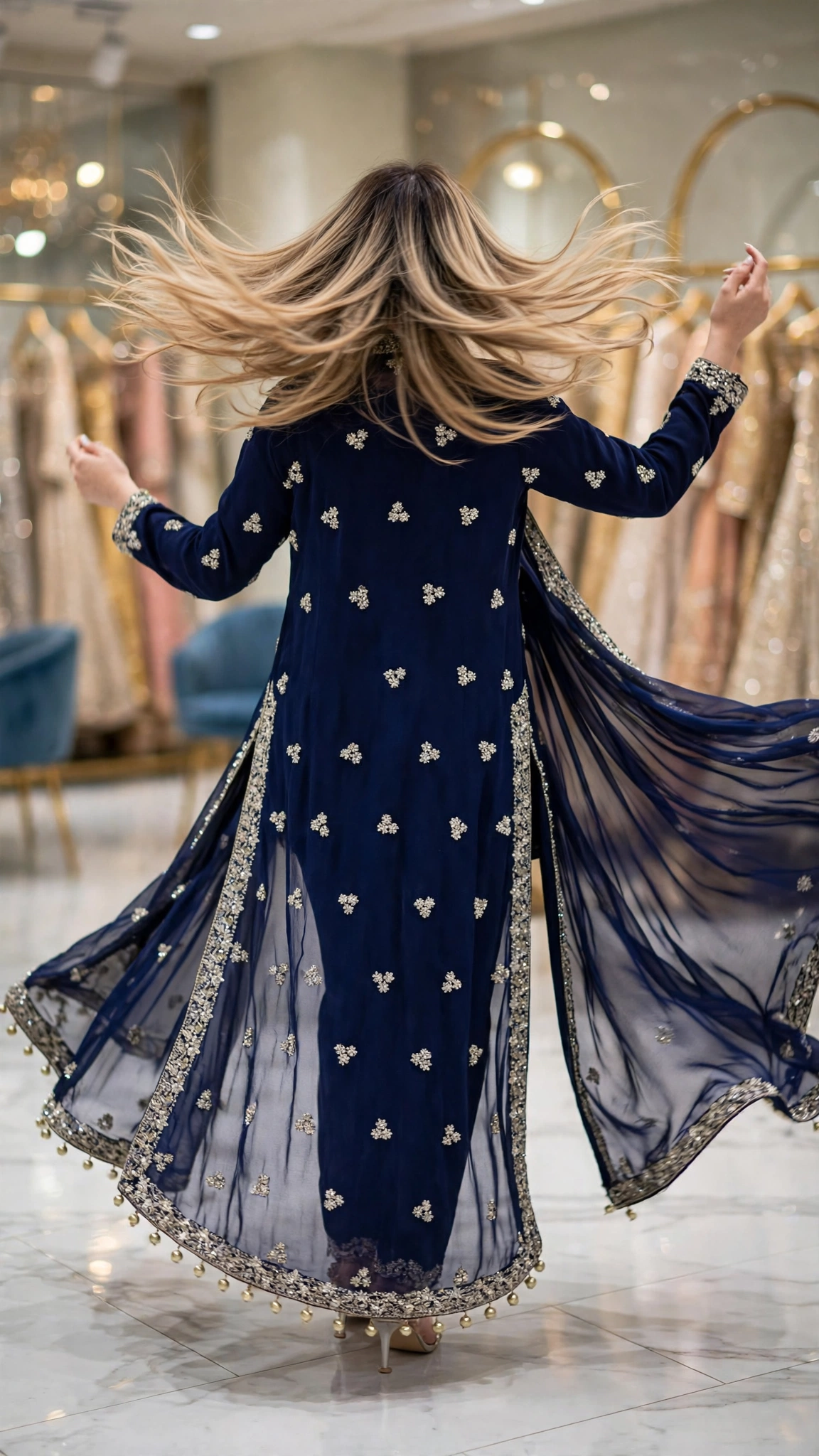 Midnight Sapphire Embroidered Chiffon Layered Suit Set - Image 3