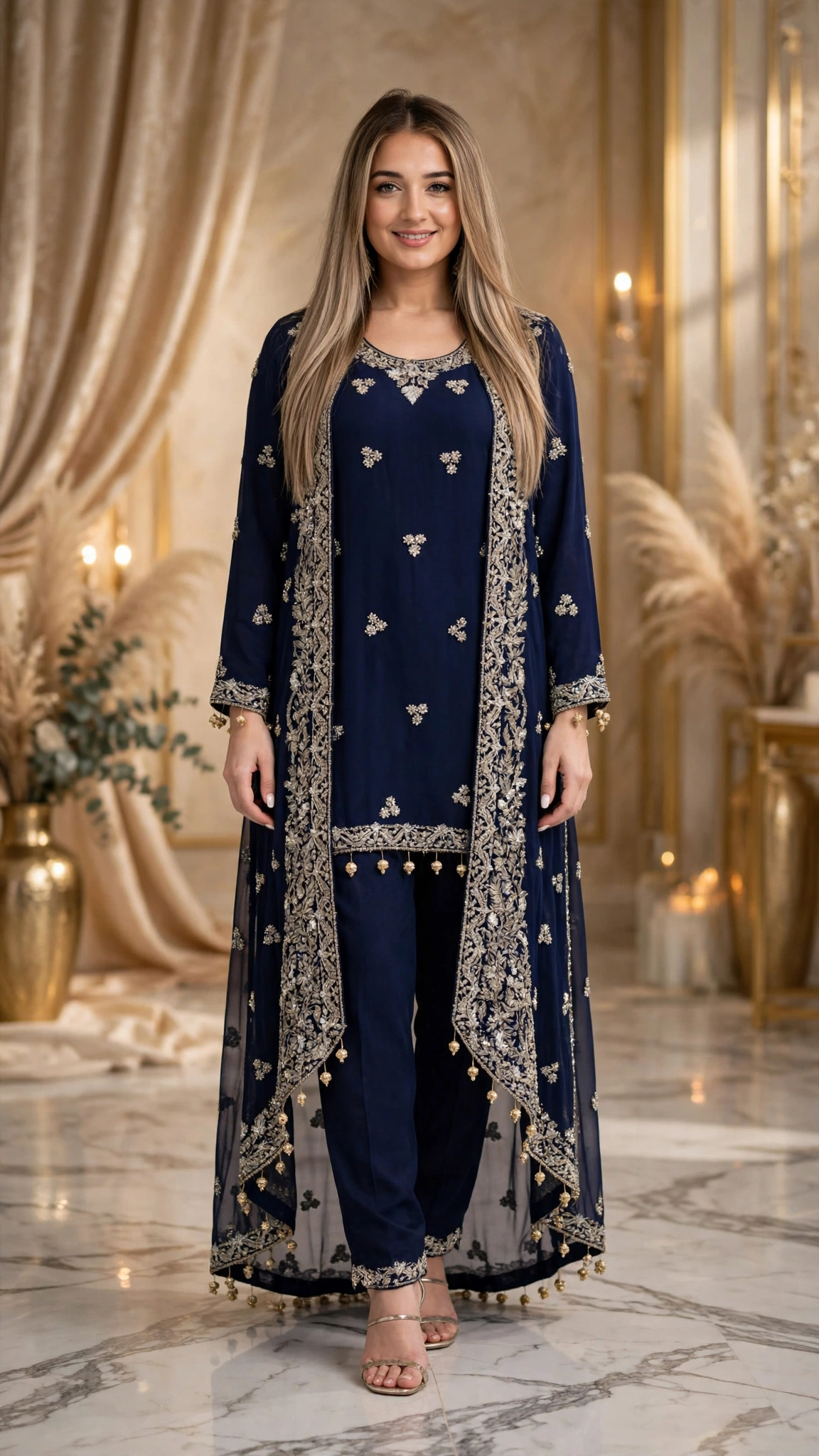 Midnight Sapphire Embroidered Chiffon Layered Suit Set - Image 4