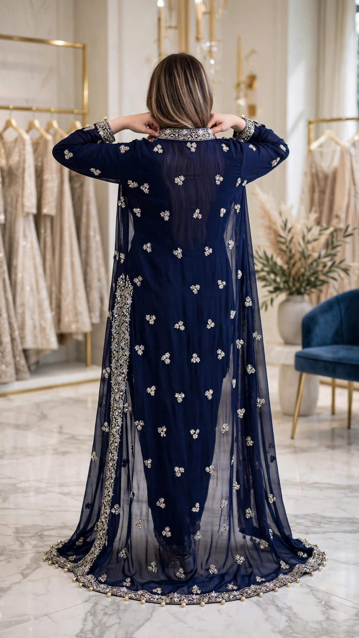 Midnight Sapphire Embroidered Chiffon Layered Suit Set - Image 5