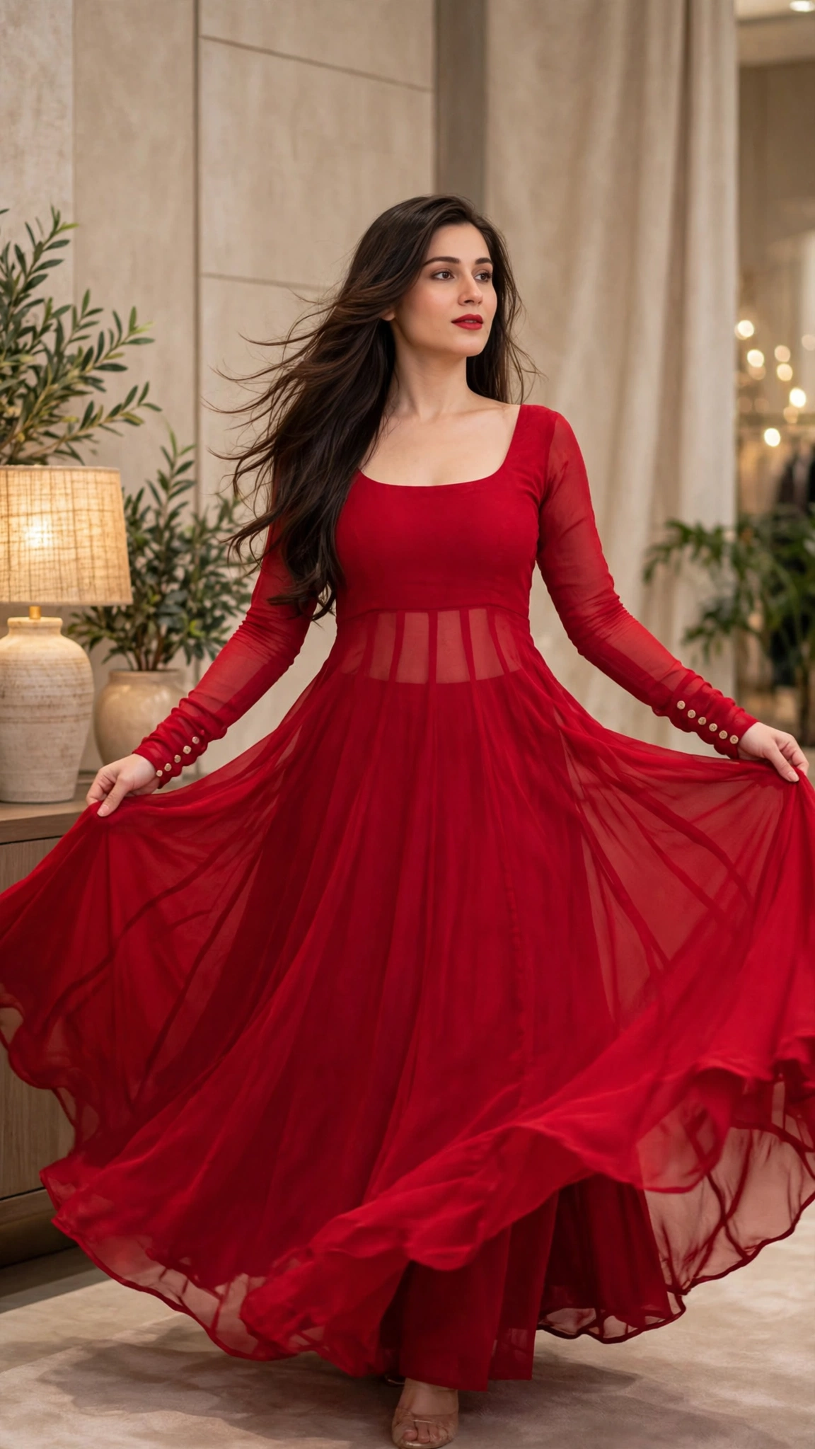 Scarlet Radiance Ensemble: A Flowy Floor-Length Maxi Set with Sheer Detailing - Image 2