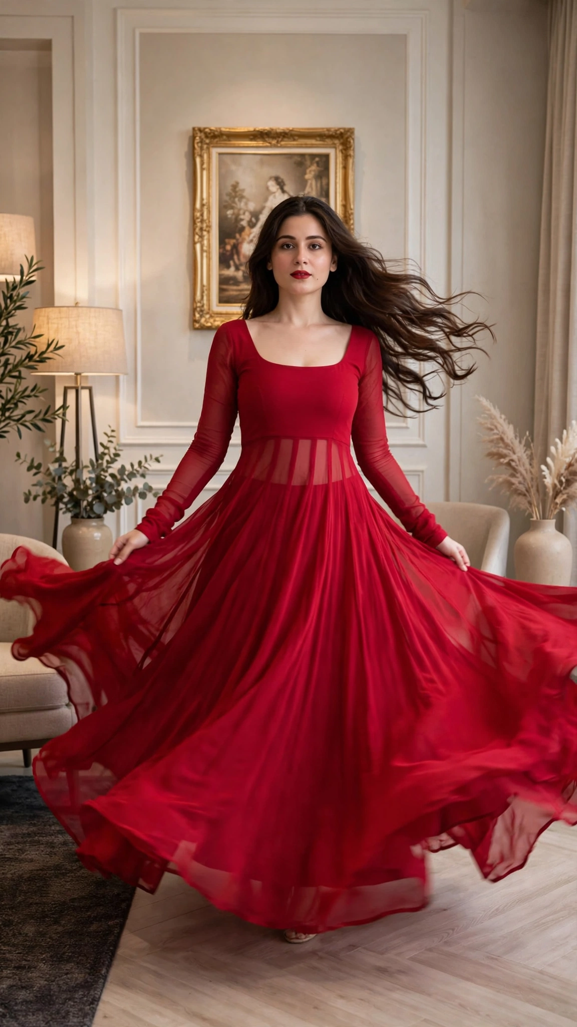 Scarlet Radiance Ensemble: A Flowy Floor-Length Maxi Set with Sheer Detailing - Image 3