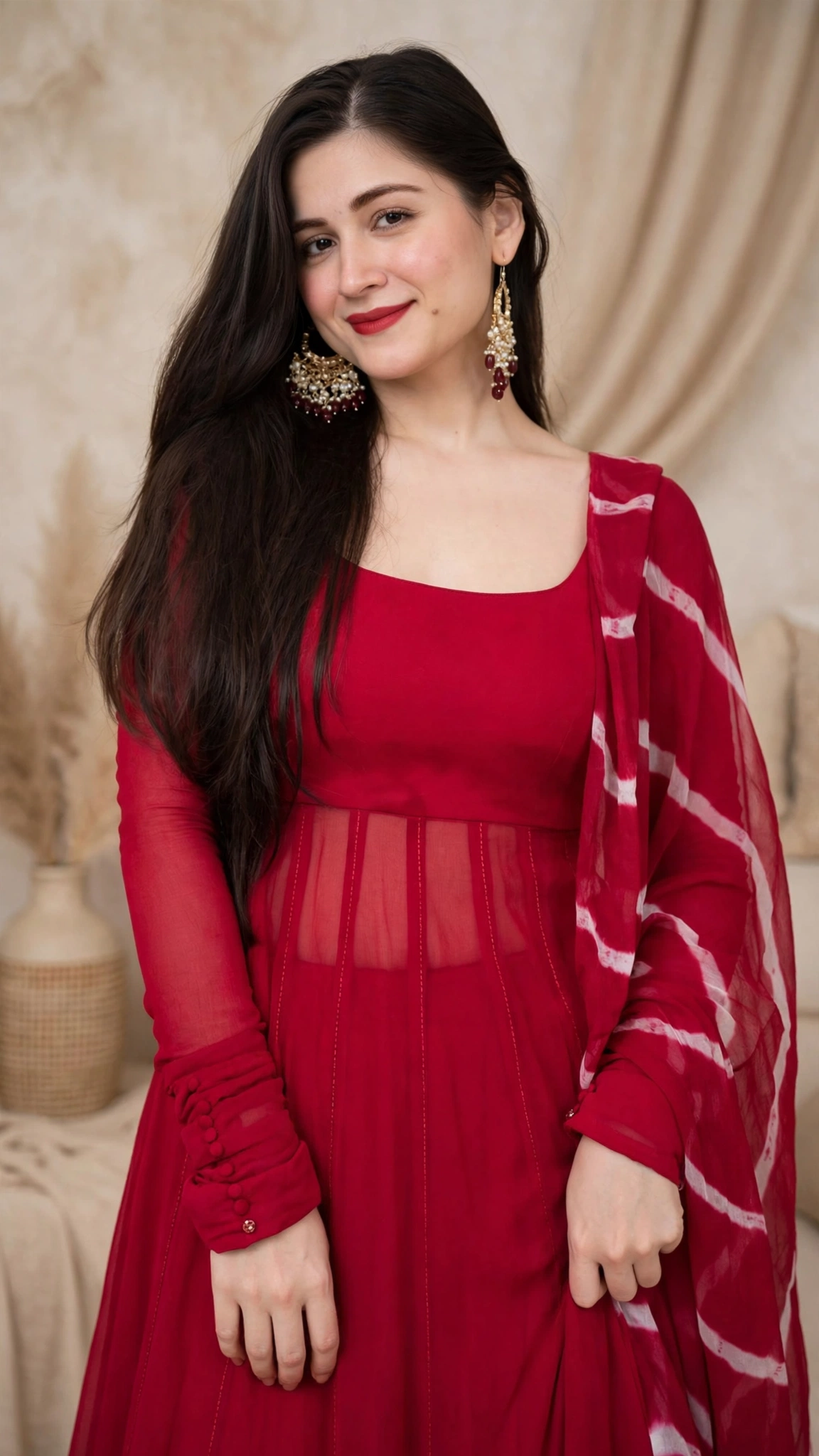 Scarlet Radiance Ensemble: A Flowy Floor-Length Maxi Set with Sheer Detailing - Image 5