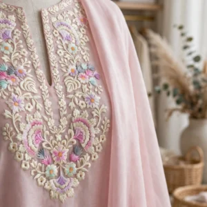 Ethereal Pastel Pink Hand-Embroidered Organza Kurta Set with Scalloped Dupatta