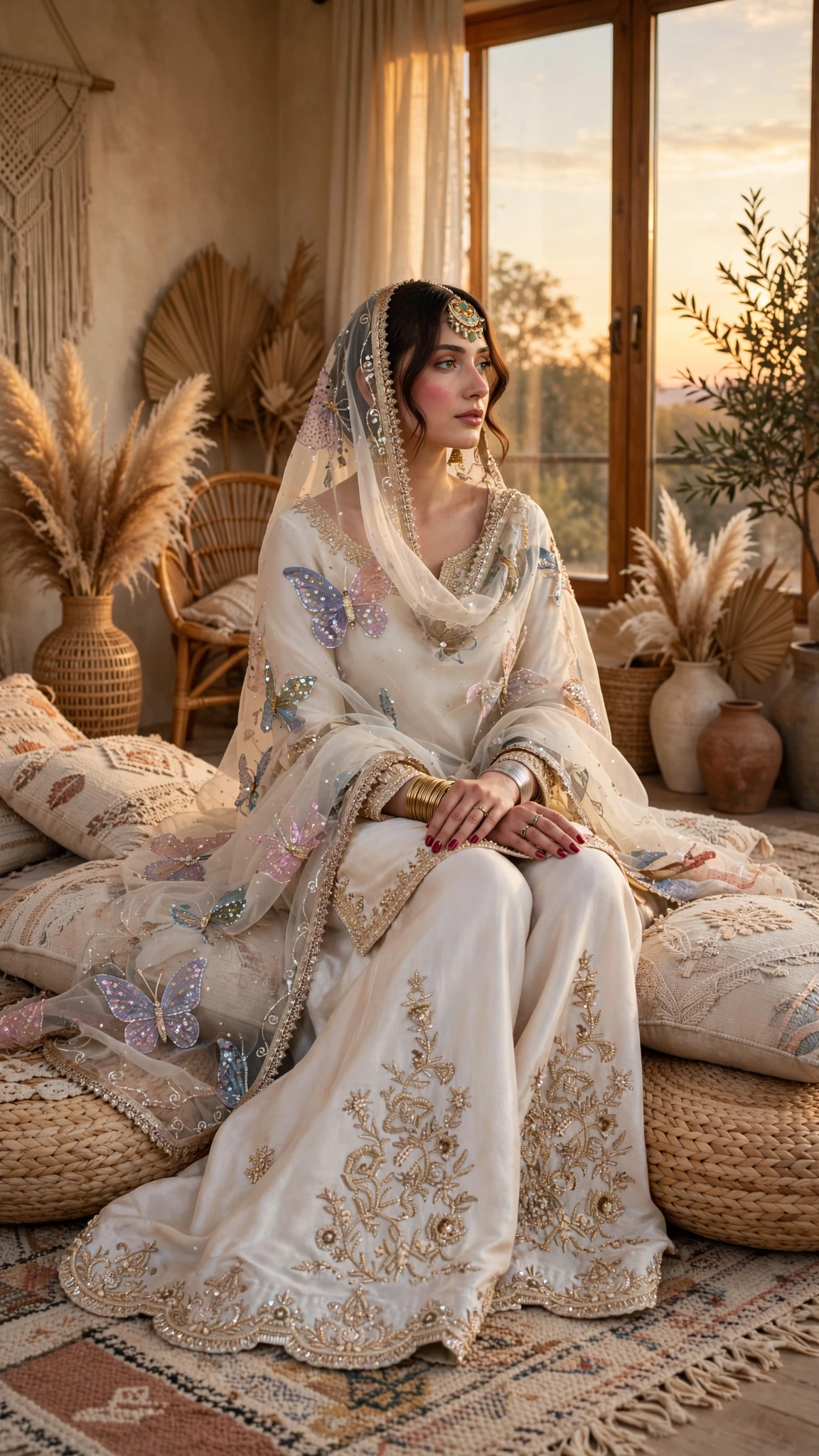 Ivory Butterfly Embroidered Sharara Suit Set – Available in Pearlescent Ivory & Soft Champagne