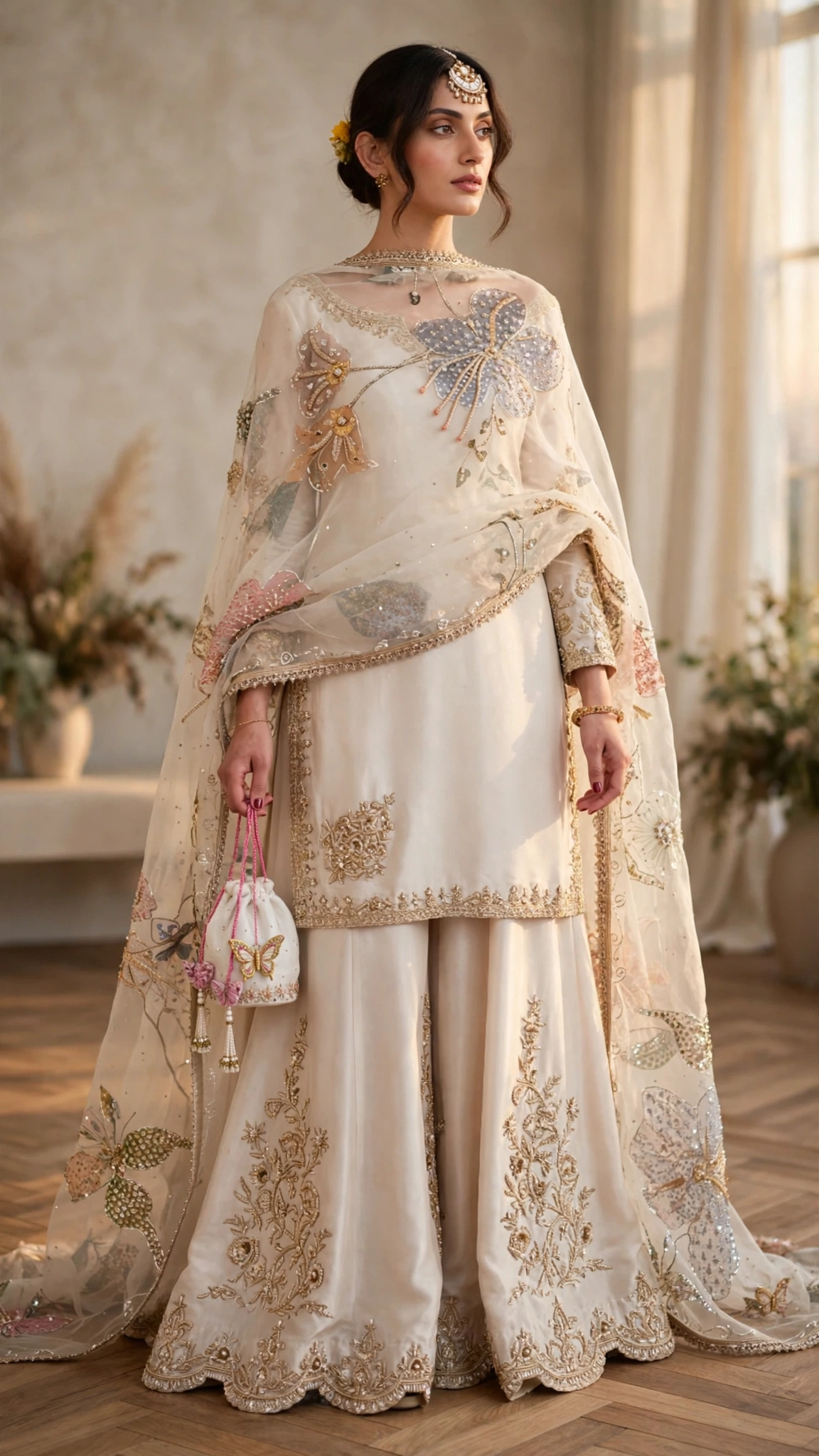 Ivory Butterfly Embroidered Sharara Suit Set – Available in Pearlescent Ivory & Soft Champagne - Image 2