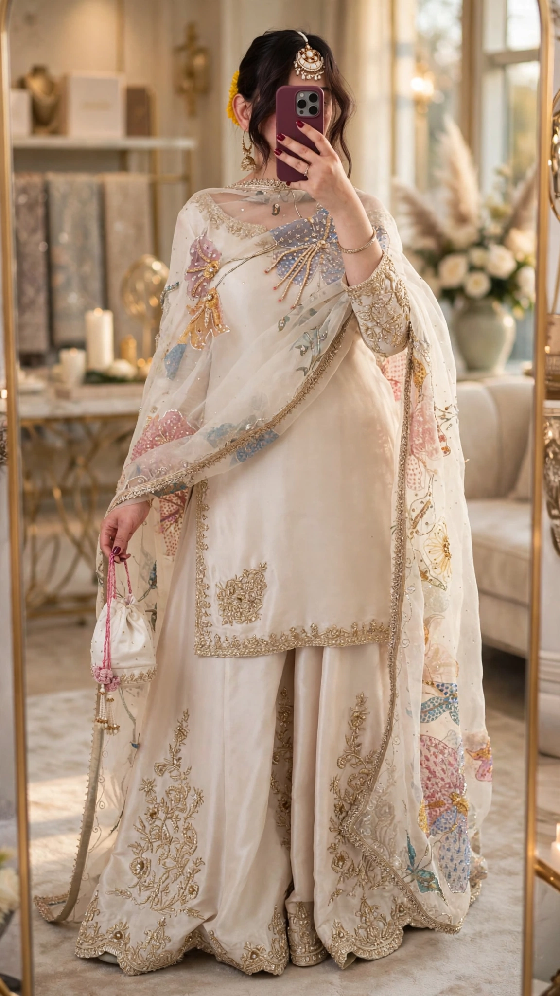 Ivory Butterfly Embroidered Sharara Suit Set – Available in Pearlescent Ivory & Soft Champagne - Image 3