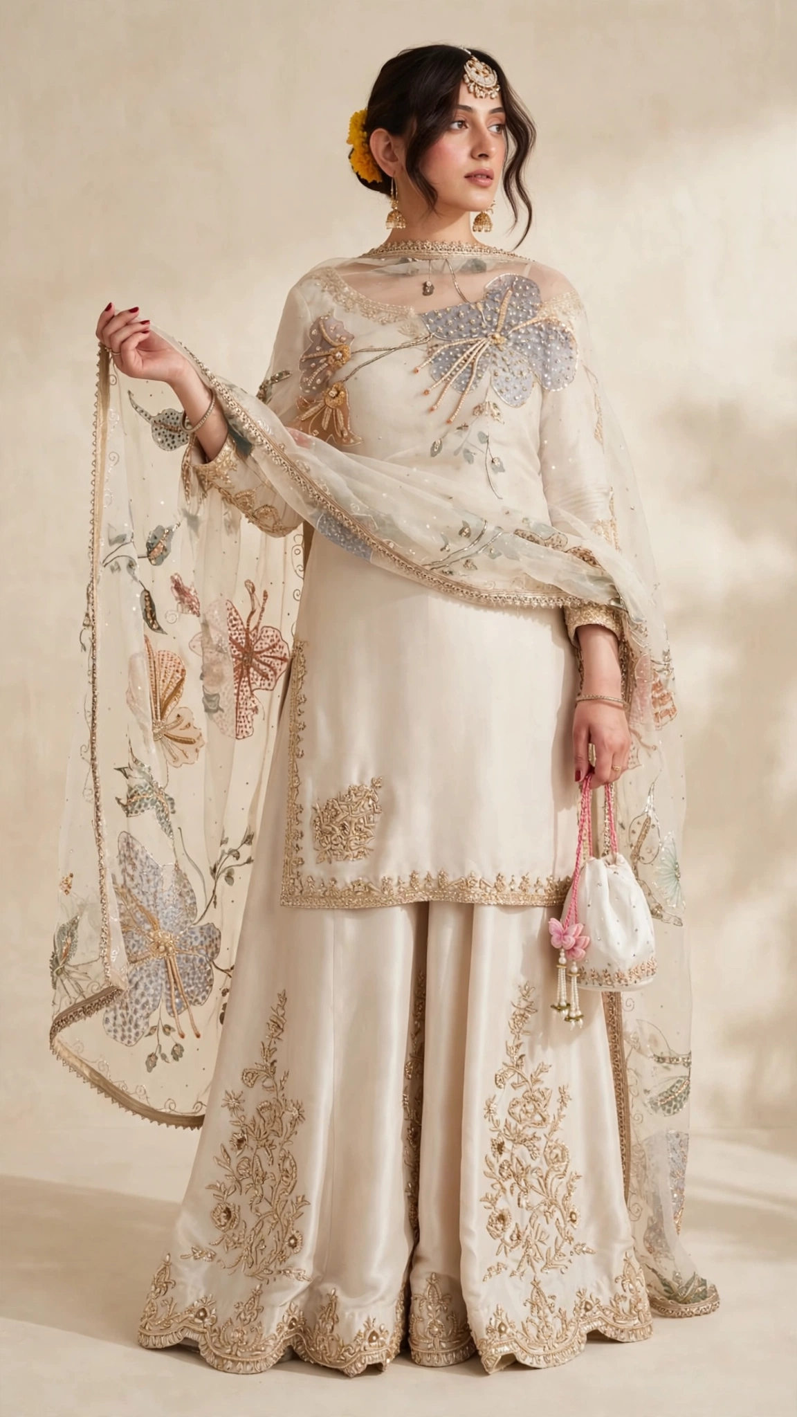 Ivory Butterfly Embroidered Sharara Suit Set – Available in Pearlescent Ivory & Soft Champagne - Image 5