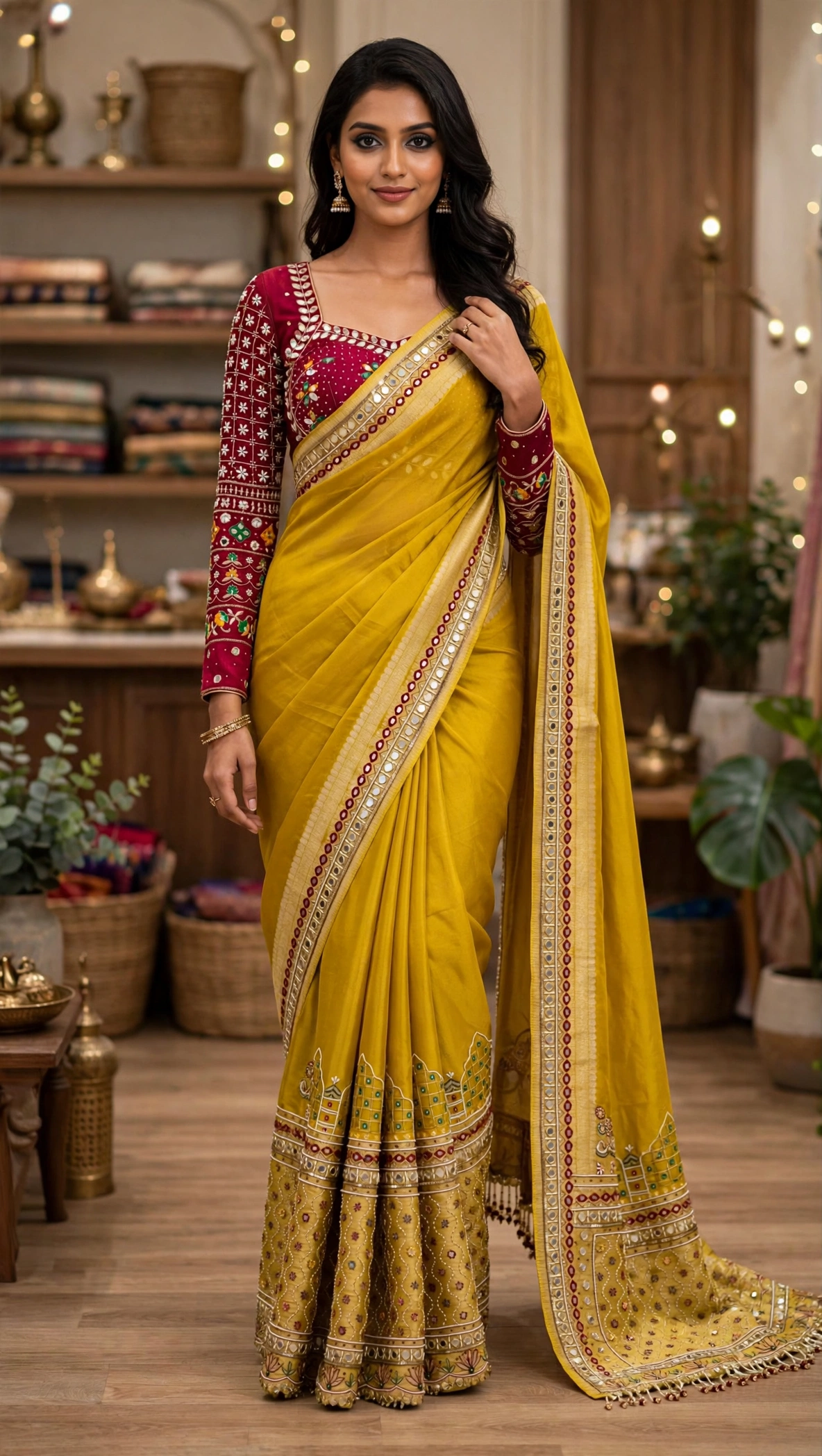 Sun-Kissed Mustard Embroidered Mirror Work Silk Saree with Maroon Blouse - Image 2