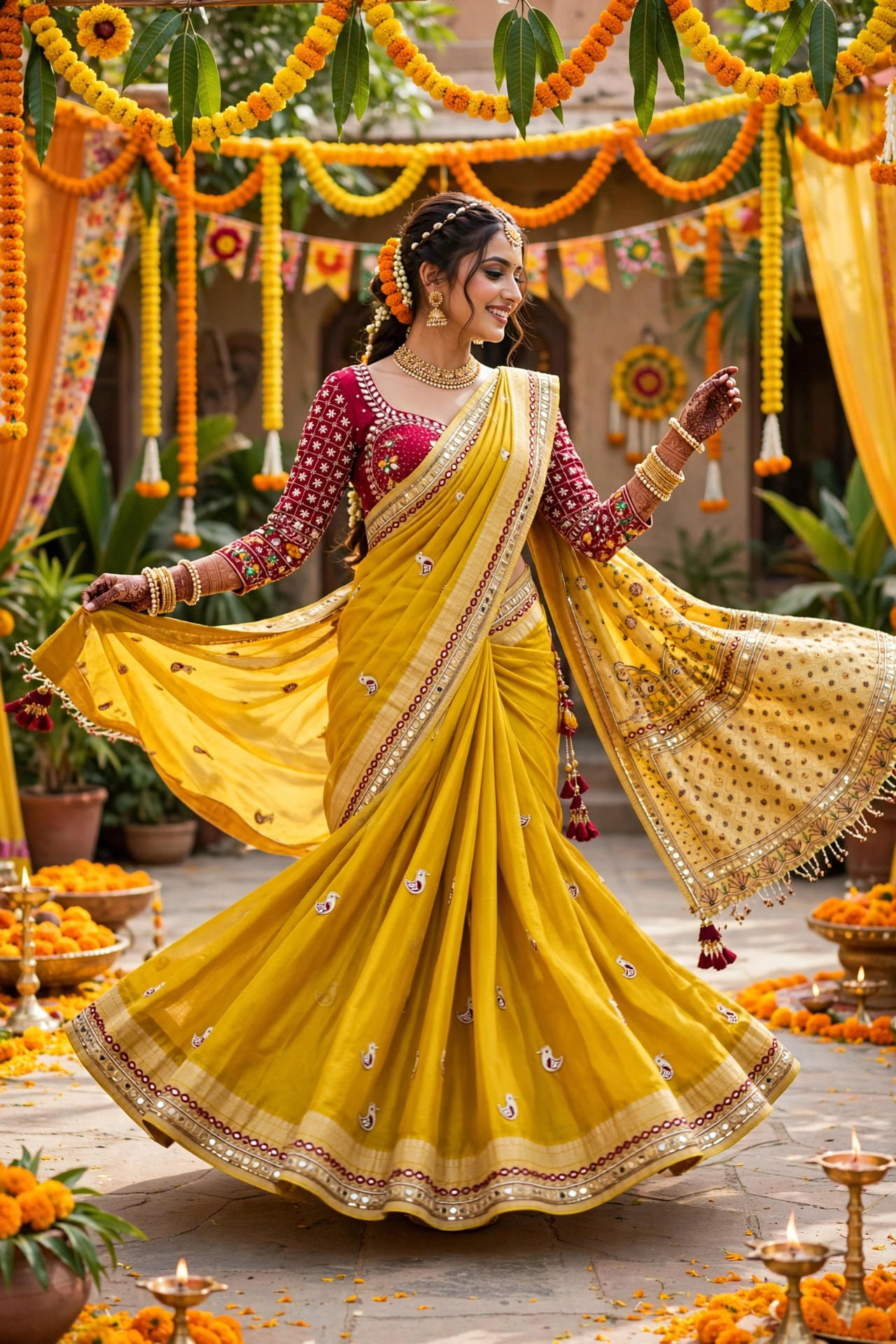 Sun-Kissed Mustard Embroidered Mirror Work Silk Saree with Maroon Blouse - Image 3