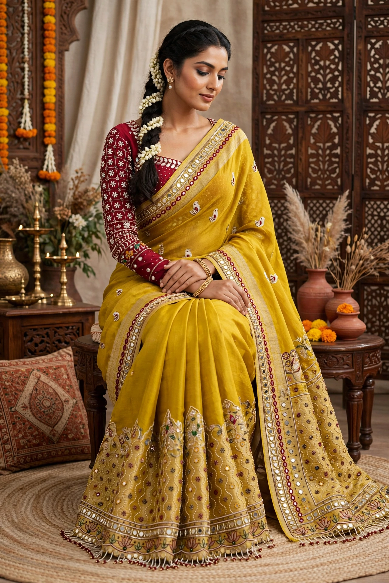 Sun-Kissed Mustard Embroidered Mirror Work Silk Saree with Maroon Blouse - Image 4