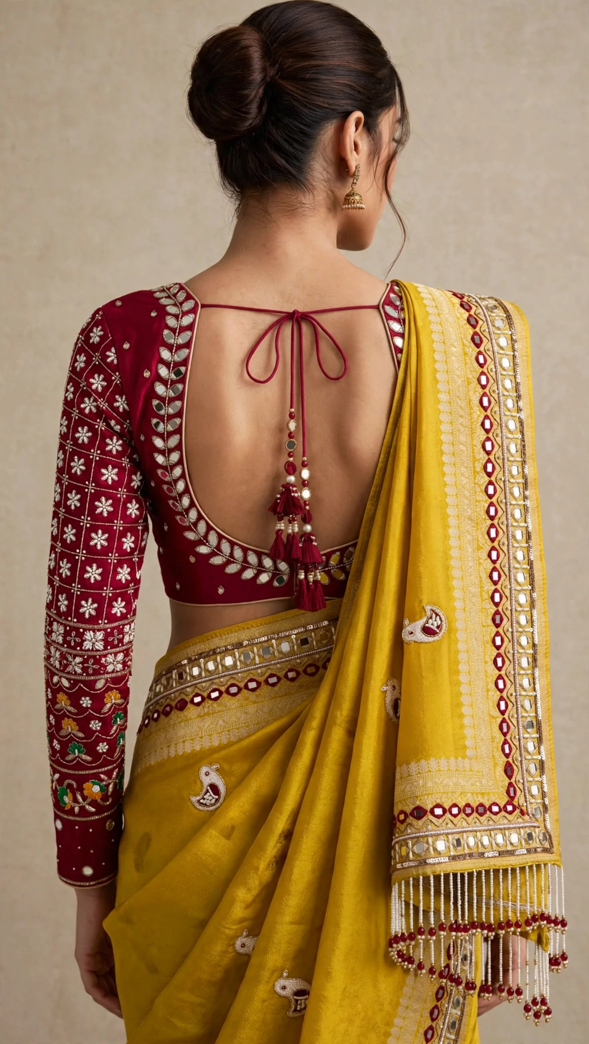 Sun-Kissed Mustard Embroidered Mirror Work Silk Saree with Maroon Blouse - Image 5