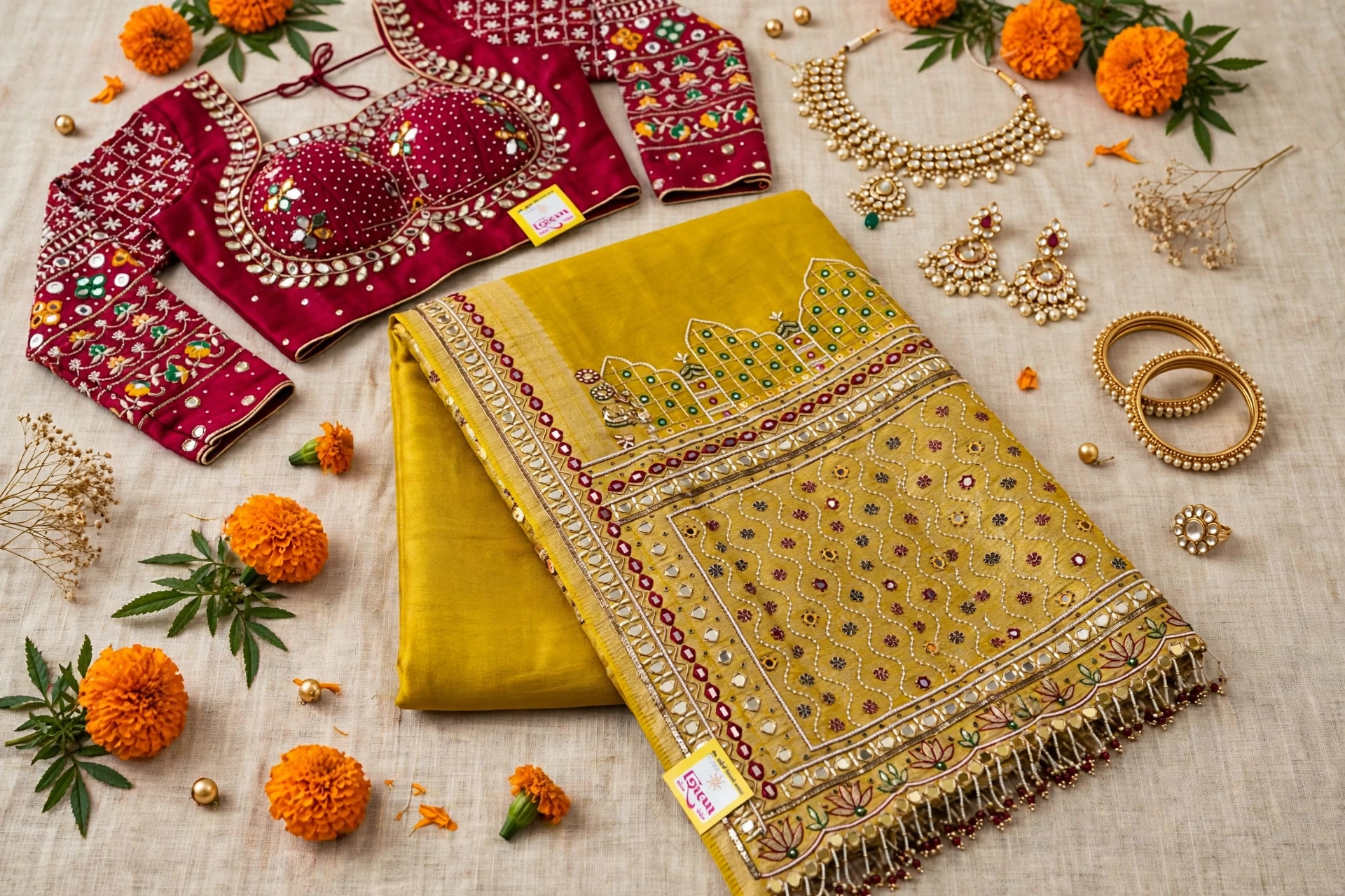 Sun-Kissed Mustard Embroidered Mirror Work Silk Saree with Maroon Blouse